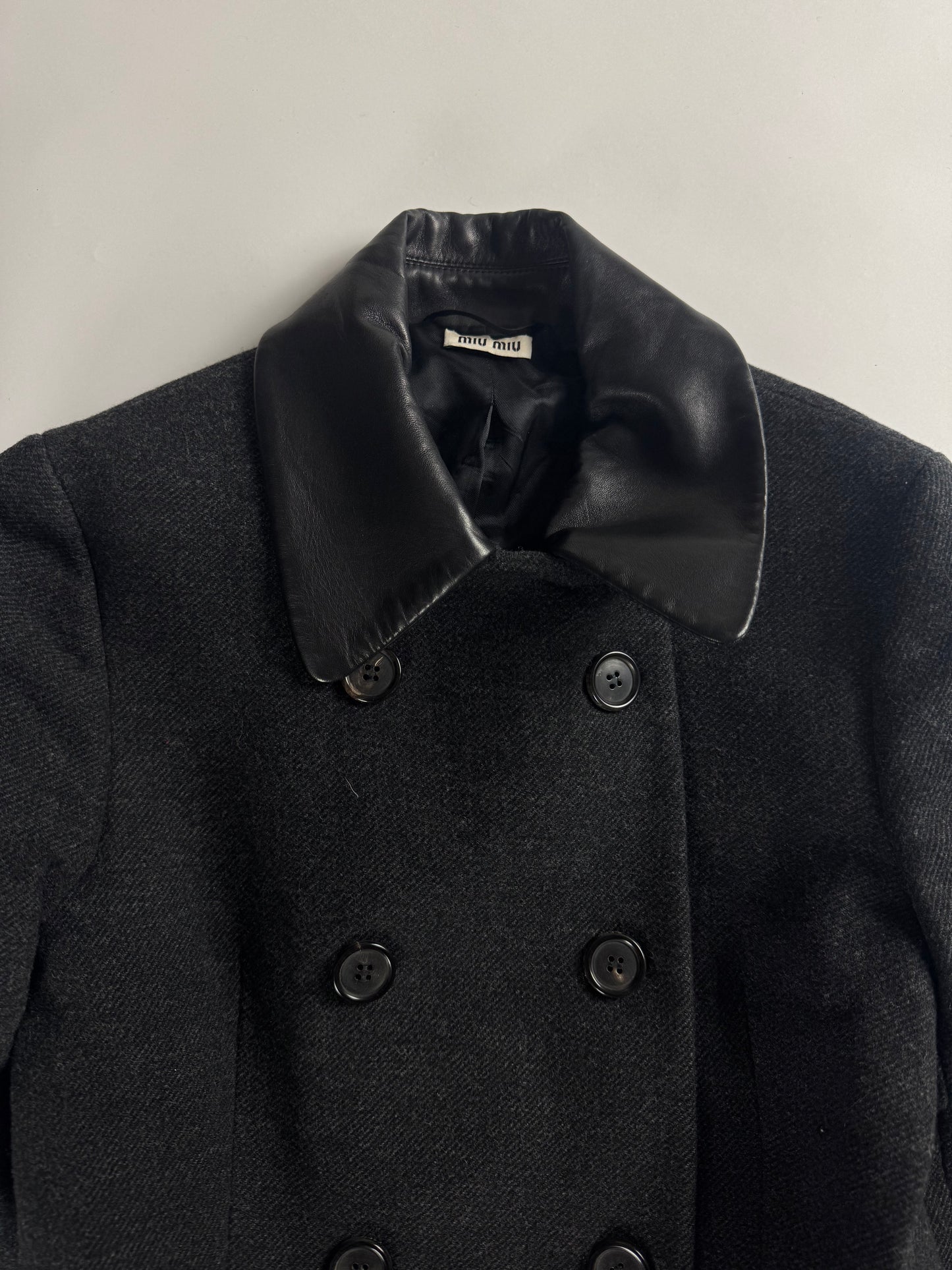 Miu Miu Structured Wool Pleated Hem Leather Collar Coat FW 2013 - XS