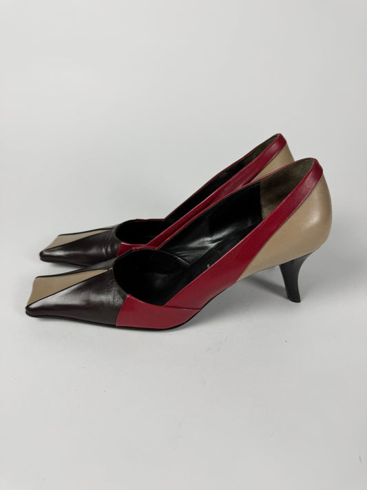 Prada Tricolor Colorblock Leather Kitten Heel Pumps Black Red Taupe Pointed Toe 2000s - 38,5 IT/39 EU