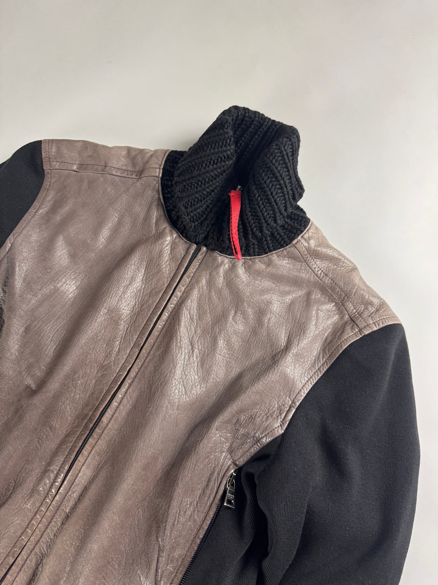 Prada Wool Hybrid Brown Leather Turtleneck Jacket SS 2000 - M