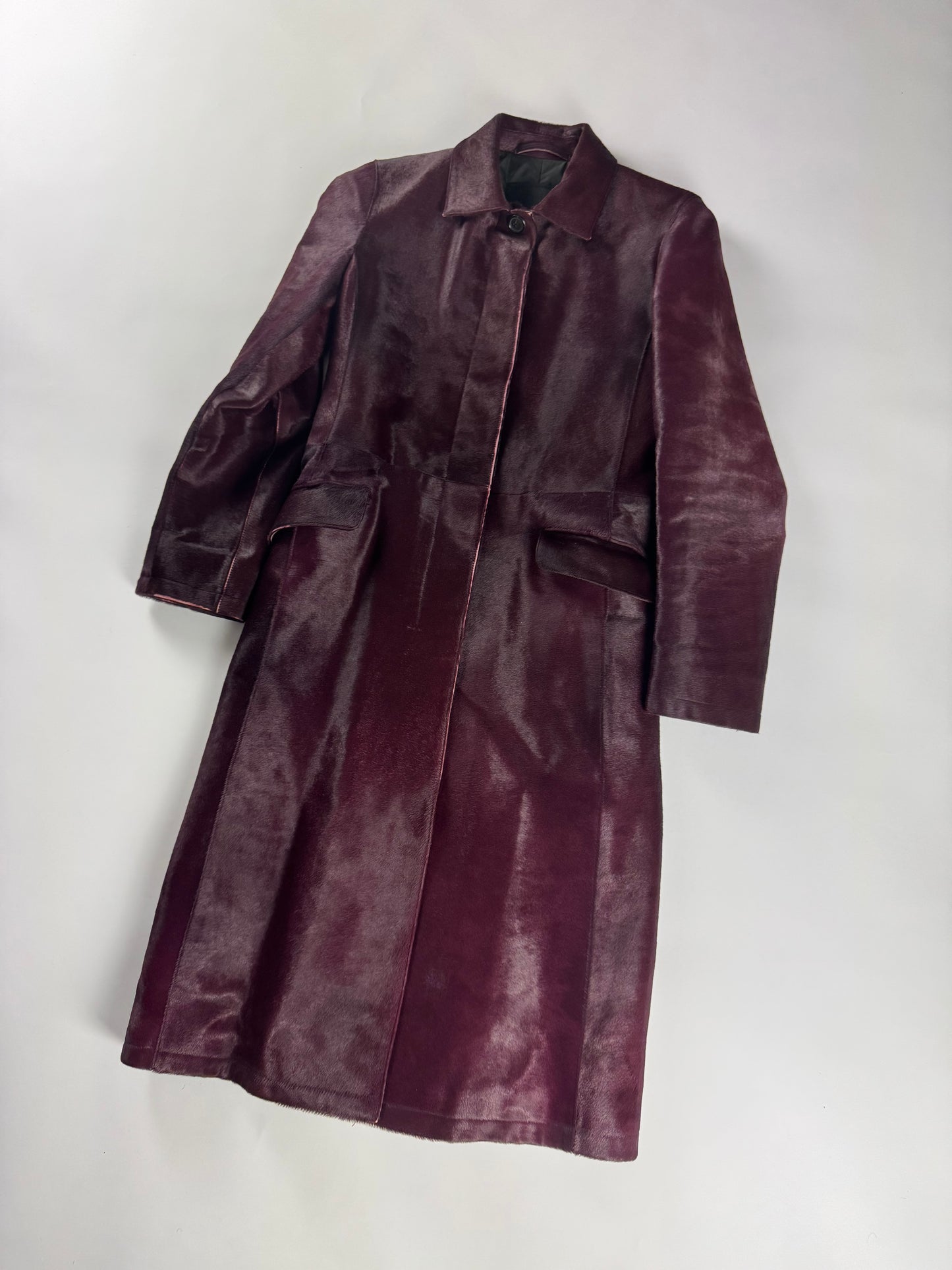 Prada Wine Bordeaux Leather Belted Pony Hair Leather Coat FW 2000 - XS