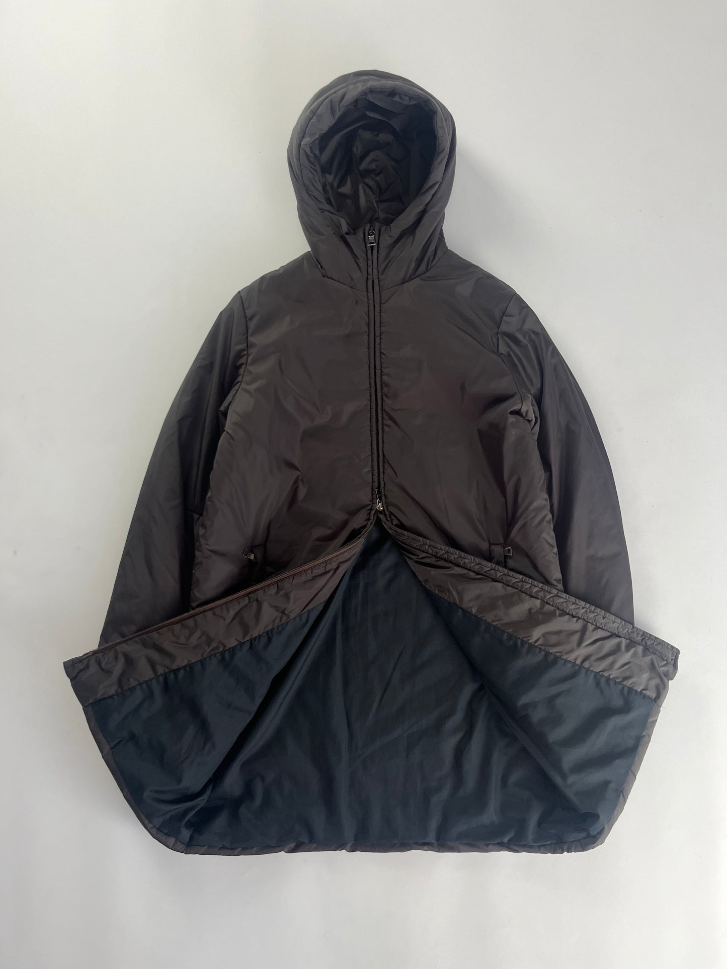 Prada Brown Nylon Double Zip Long Hooded Jacket 2000s - S