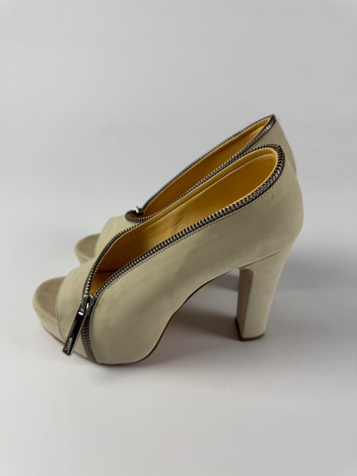 Jean Paul Gaultier Cream Suede Zipper Peep Toe Platform Block Heels - 36 EU