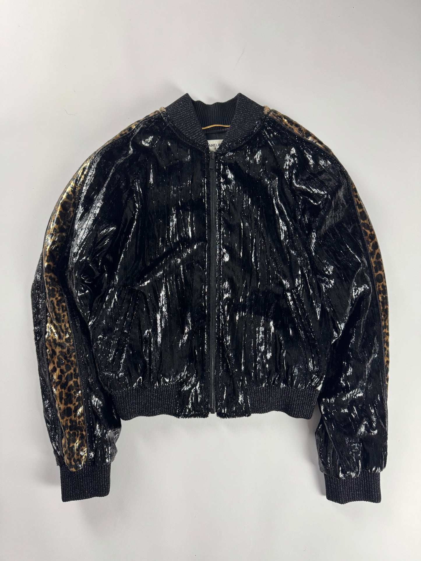 Saint Laurent Velours De Givre Leopard Sleeve Bright Teddy Bomber Jacket FW 2019 - XS