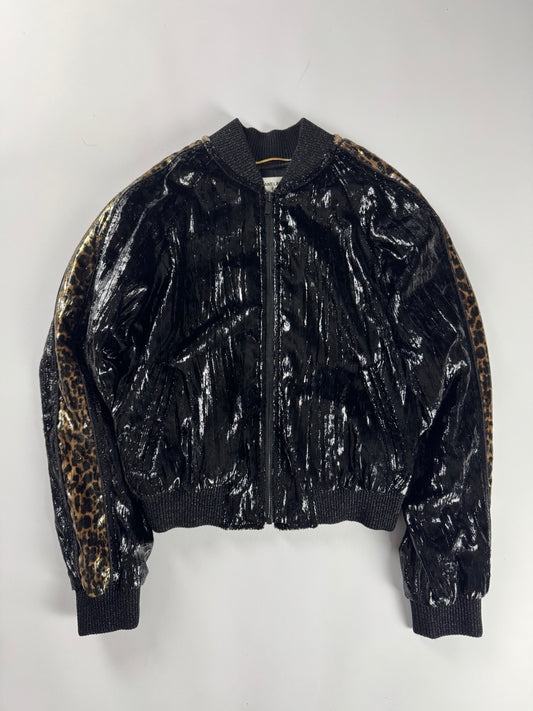 Saint Laurent Velours De Givre Leopard Sleeve Bright Teddy Bomber Jacket FW 2019 - XS