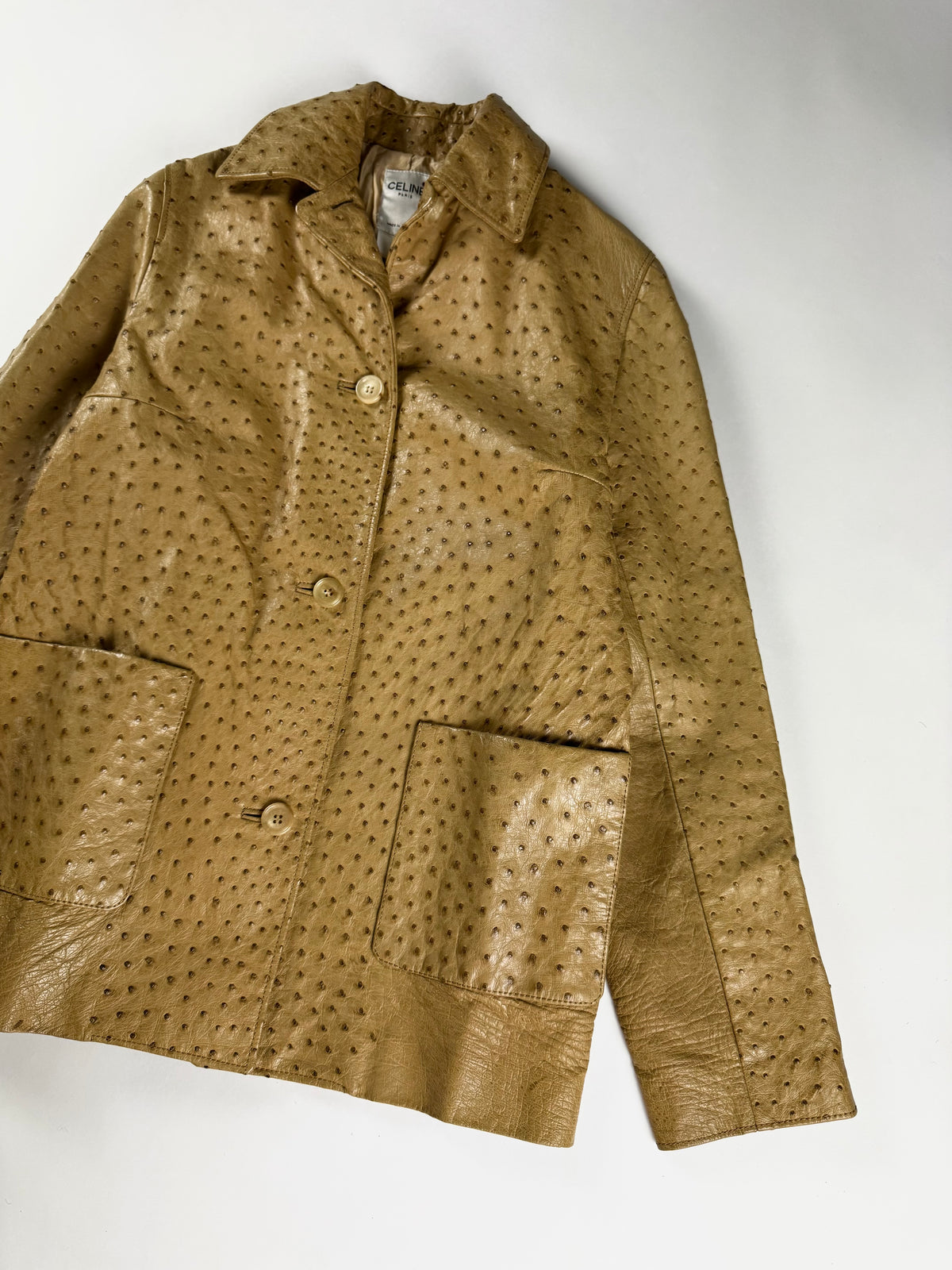 Celine Camel Tan Embossed Ostrich Skin Leather Jacket 2000s - S