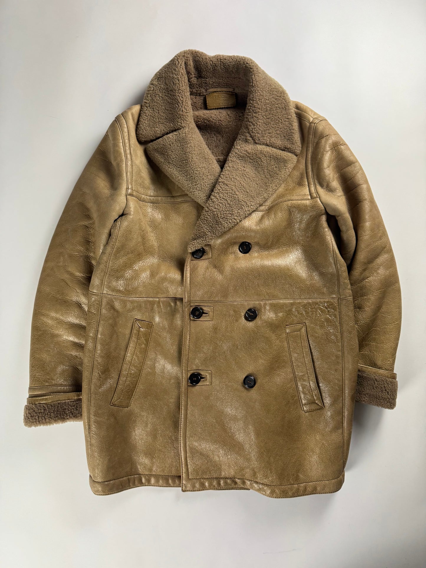 Prada Cream Tan Brown Double Breasted Shearling Leather Coat FW 2006 - L