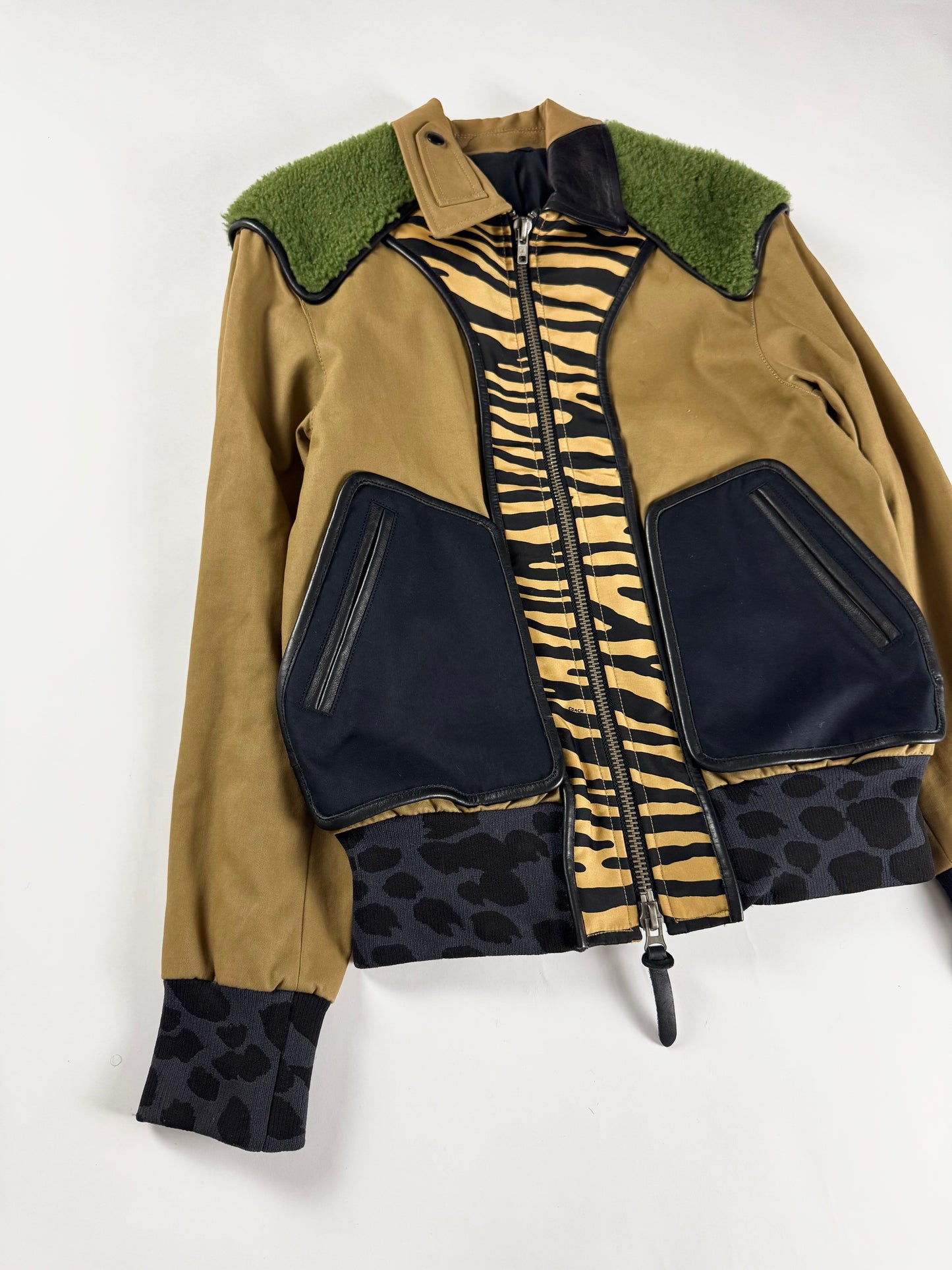 Coach Sample Camel Mixed Animal Print Green Shearling Collar Bomber Jacket SS 2016 - M