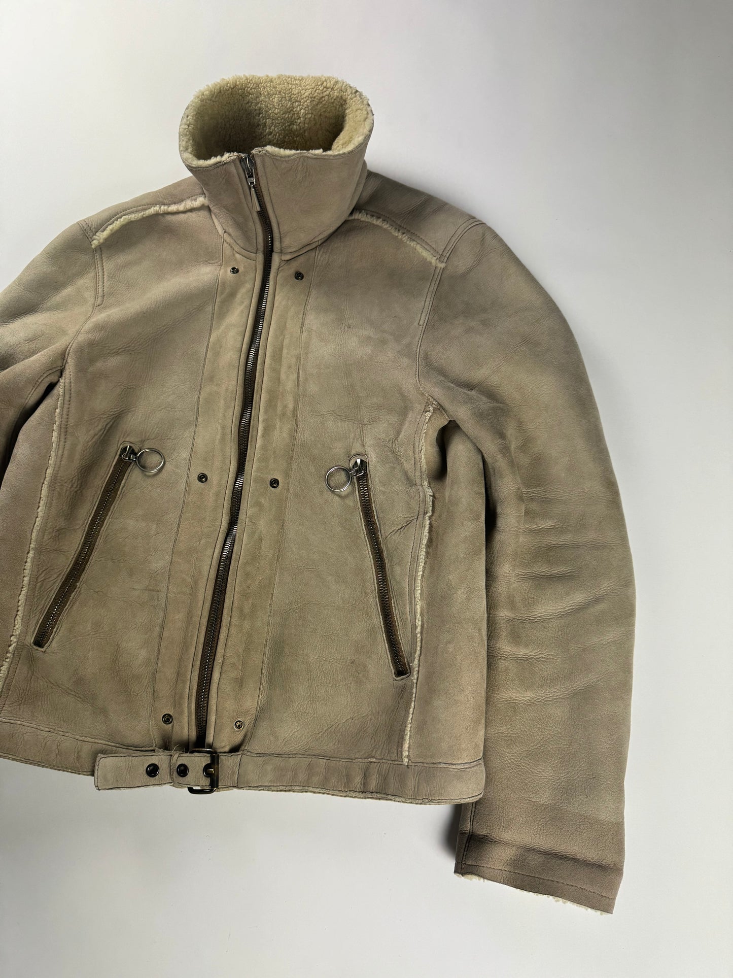 Prada Shearling Fur Lined Belted Aviator Jacket 2000s - L