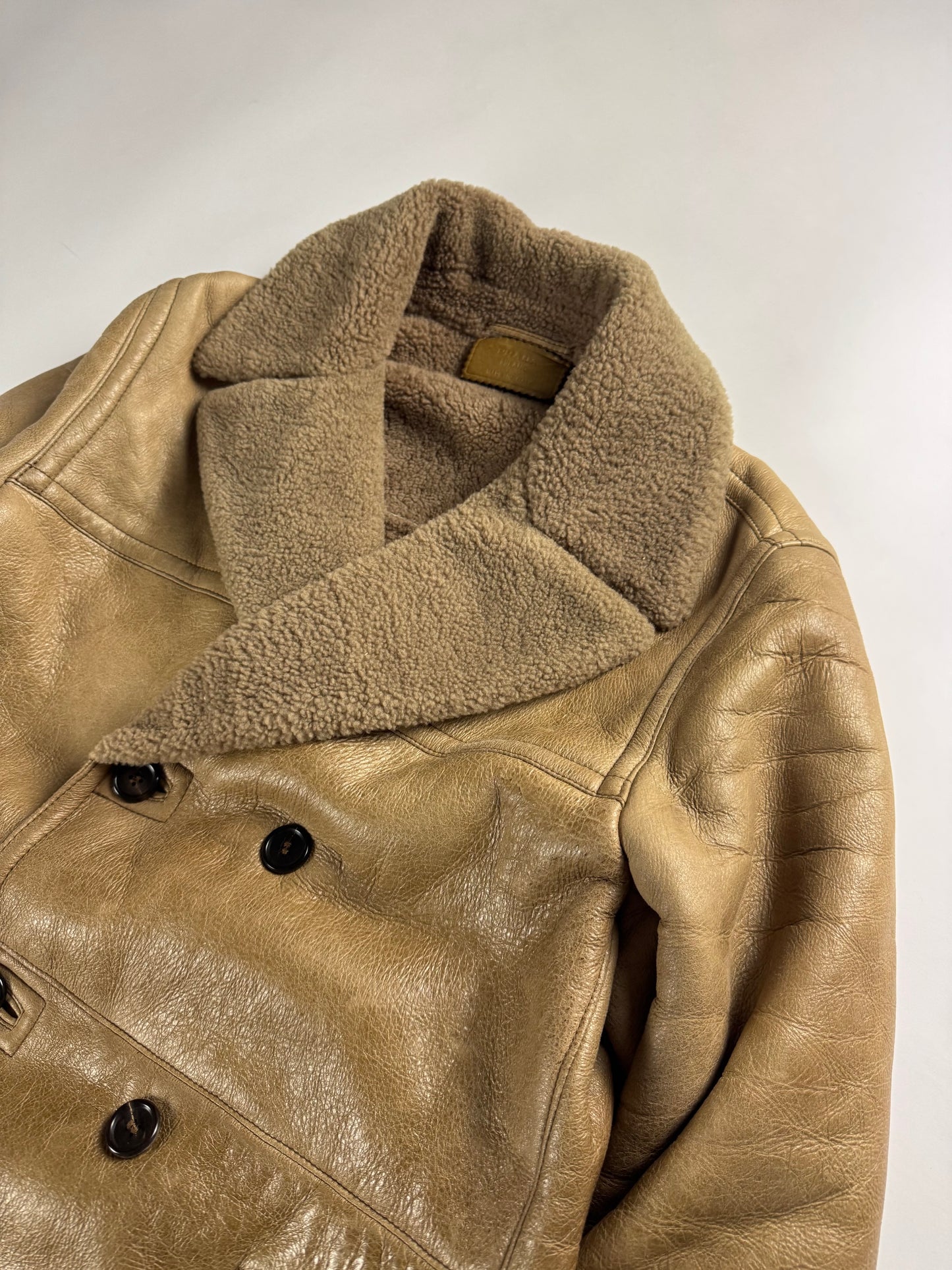 Prada Cream Tan Brown Double Breasted Shearling Leather Coat FW 2006 - L