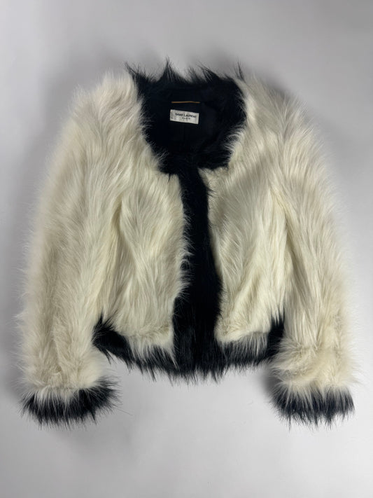 Saint Laurent Monochrome Cream Black Faux Fur Cropped Jacket FW 2021 - XS