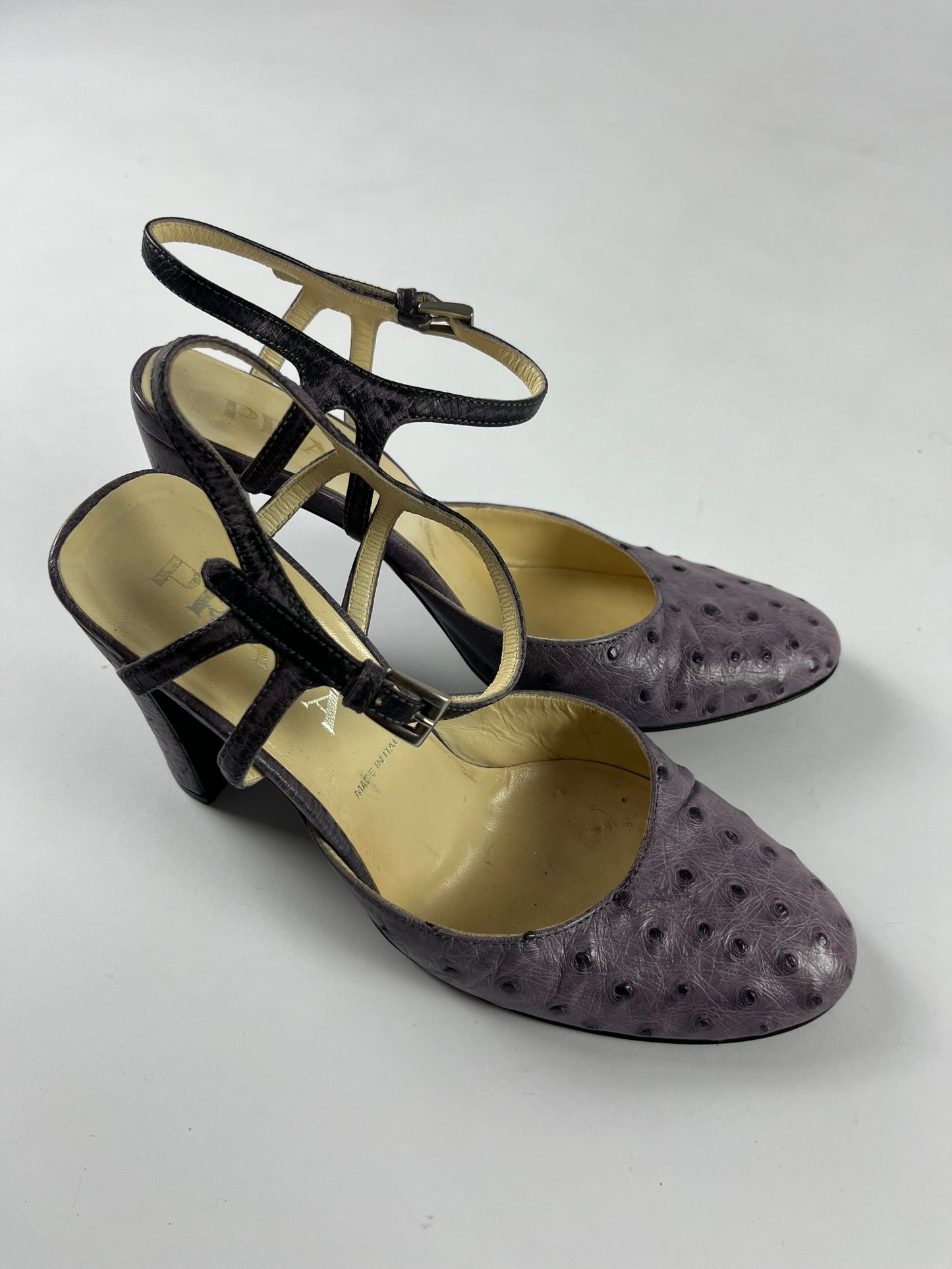 Prada Lila Ostrich Leather Mary Janes Heels SS 2000 - 37 IT/38 EU