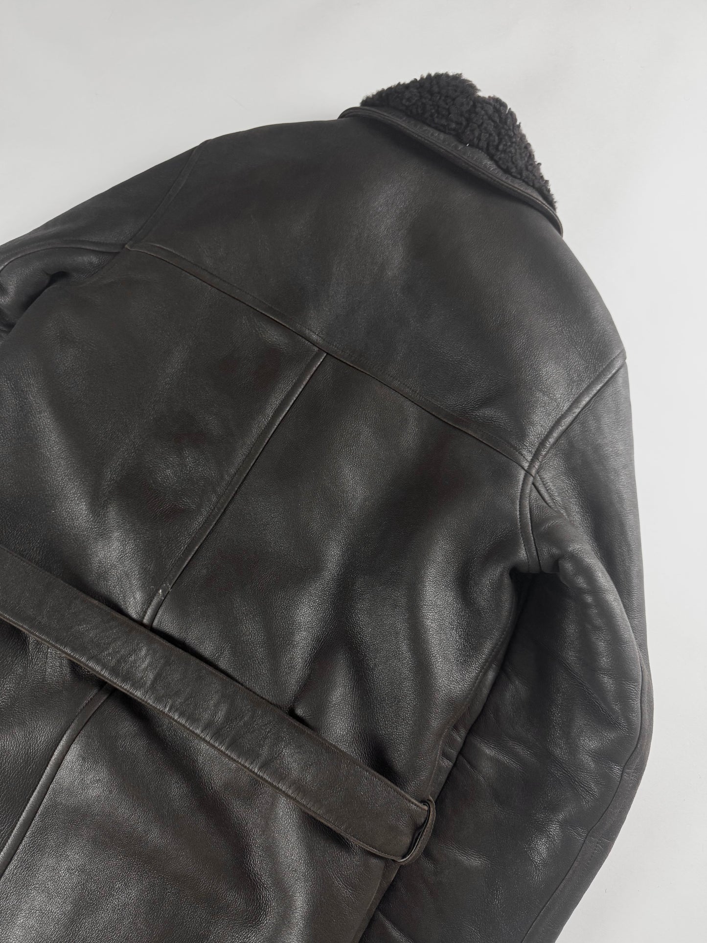 Louis Vuitton Dark Brown Fur Lining Heavy Sheepskin Leather Belted Coat 2000s - M