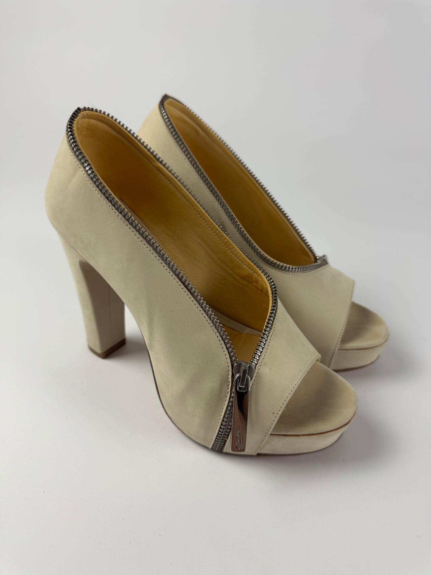 Jean Paul Gaultier Cream Suede Zipper Peep Toe Platform Block Heels - 36 EU