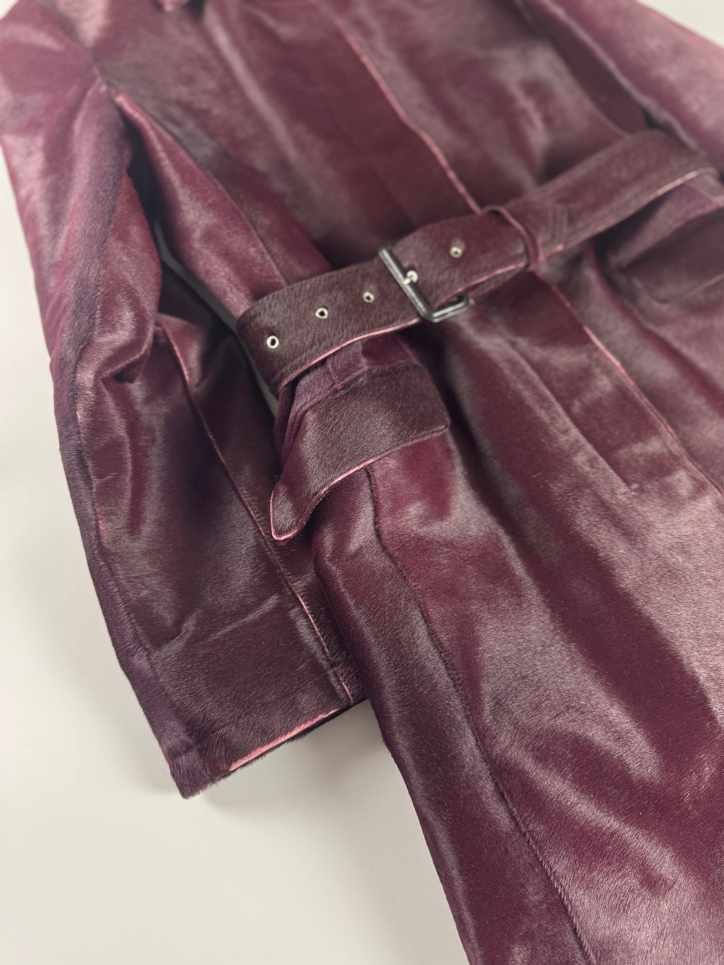 Prada Wine Bordeaux Leather Belted Pony Hair Leather Coat FW 2000 - XS