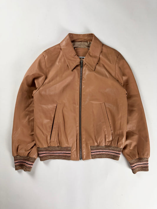 Prada Milano Soft Leather Pink Stripped Knit Rib Bomber Jacket 2010s - XS