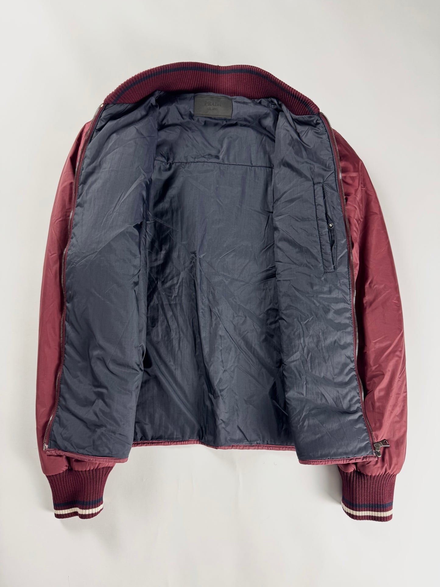 Prada Burgundy Nylon Striped Knit Cuffs Zip Front Bomber Jacket 2010s - M