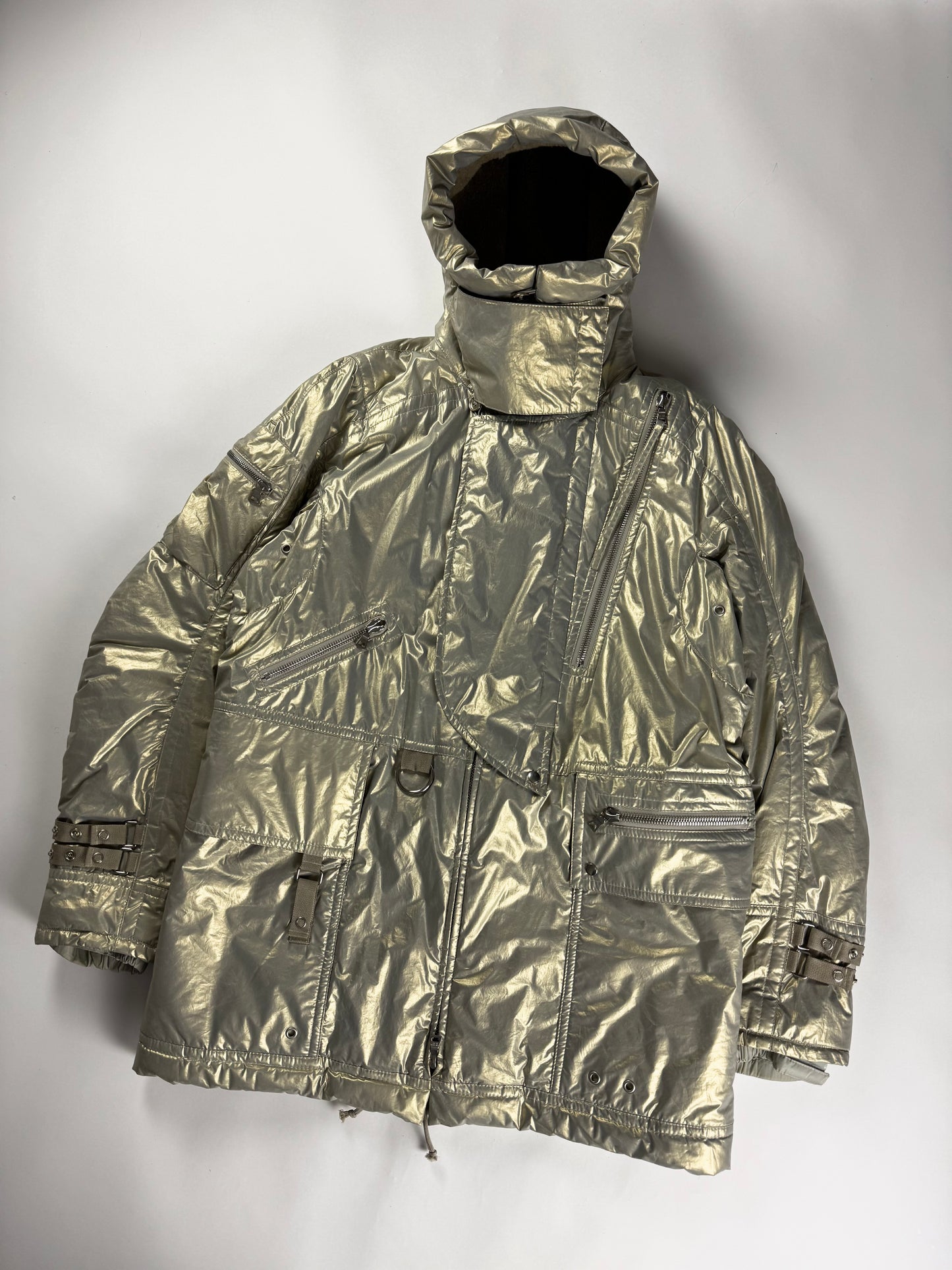 Prada Bright Silver Thermal Shearling Lining Astronaute Parka Jacket 2000s - M