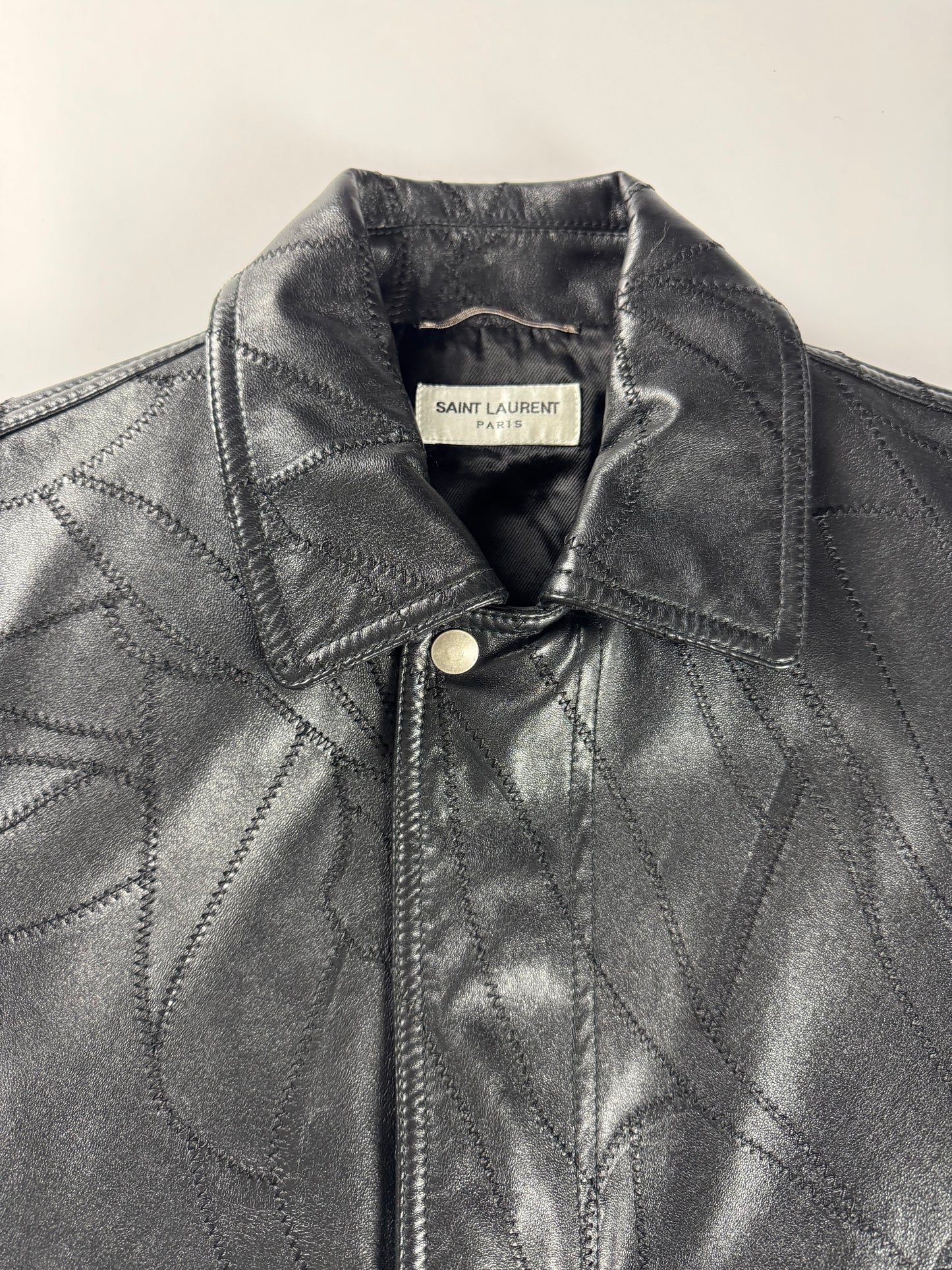 Saint Laurent Sample Leather Paneled Zigzag Stitching Bomber Jacket Pre Fall 2018 - S
