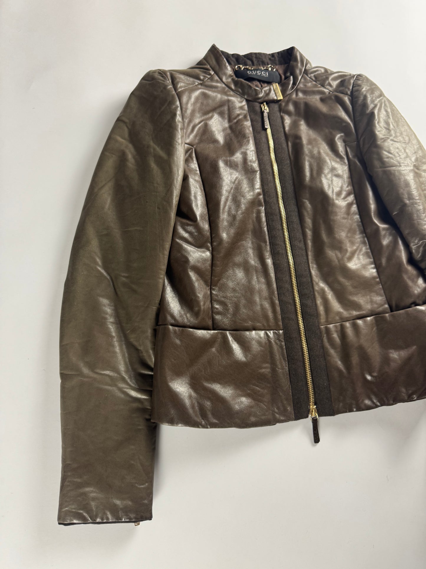 Gucci Bronze Brown Leather Zip Up Jacket 2000s - S