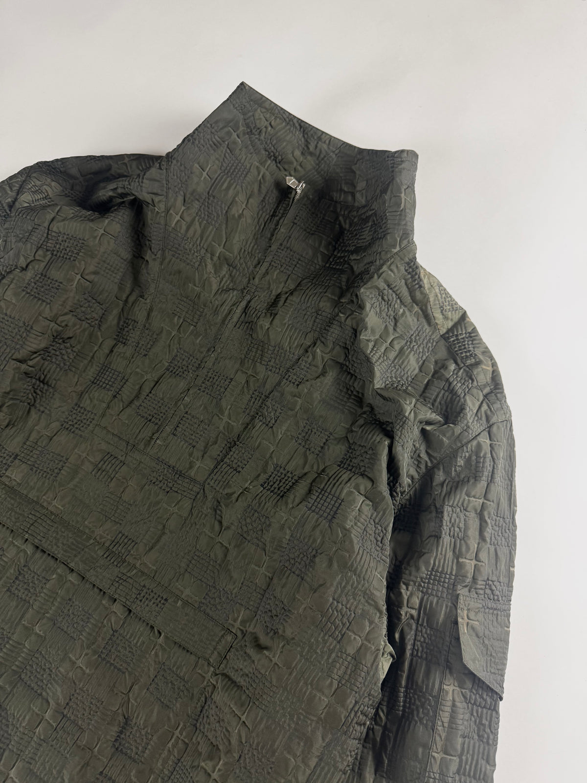 Hermès Sample Soft Military Khaki Plaid Funnel Neck Half Zip Jacket SS 2020 - L