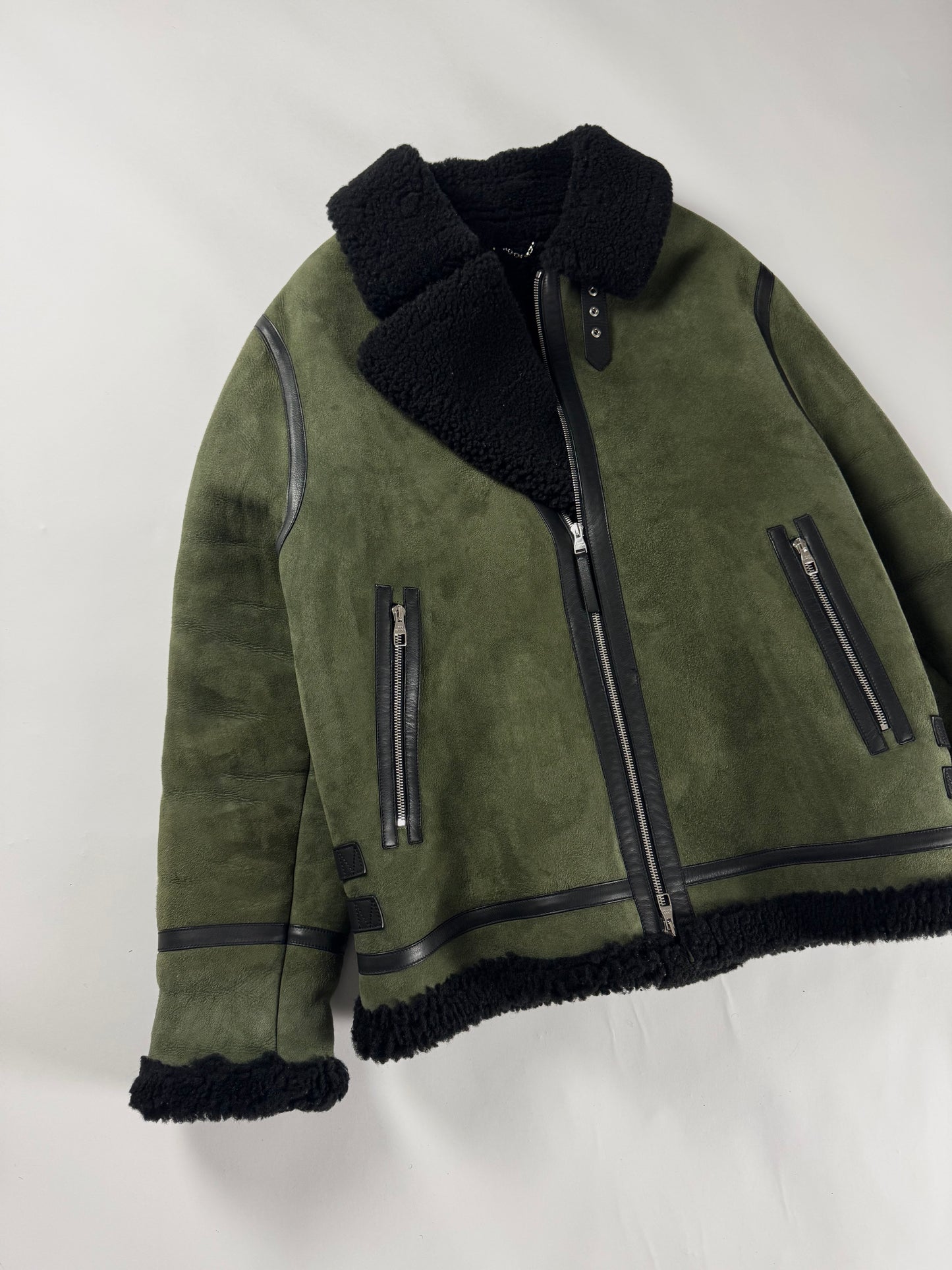 Louis Vuitton Sample Military Olive Shearling Leather Trimmed Bomber Jacket FW 2018 - M