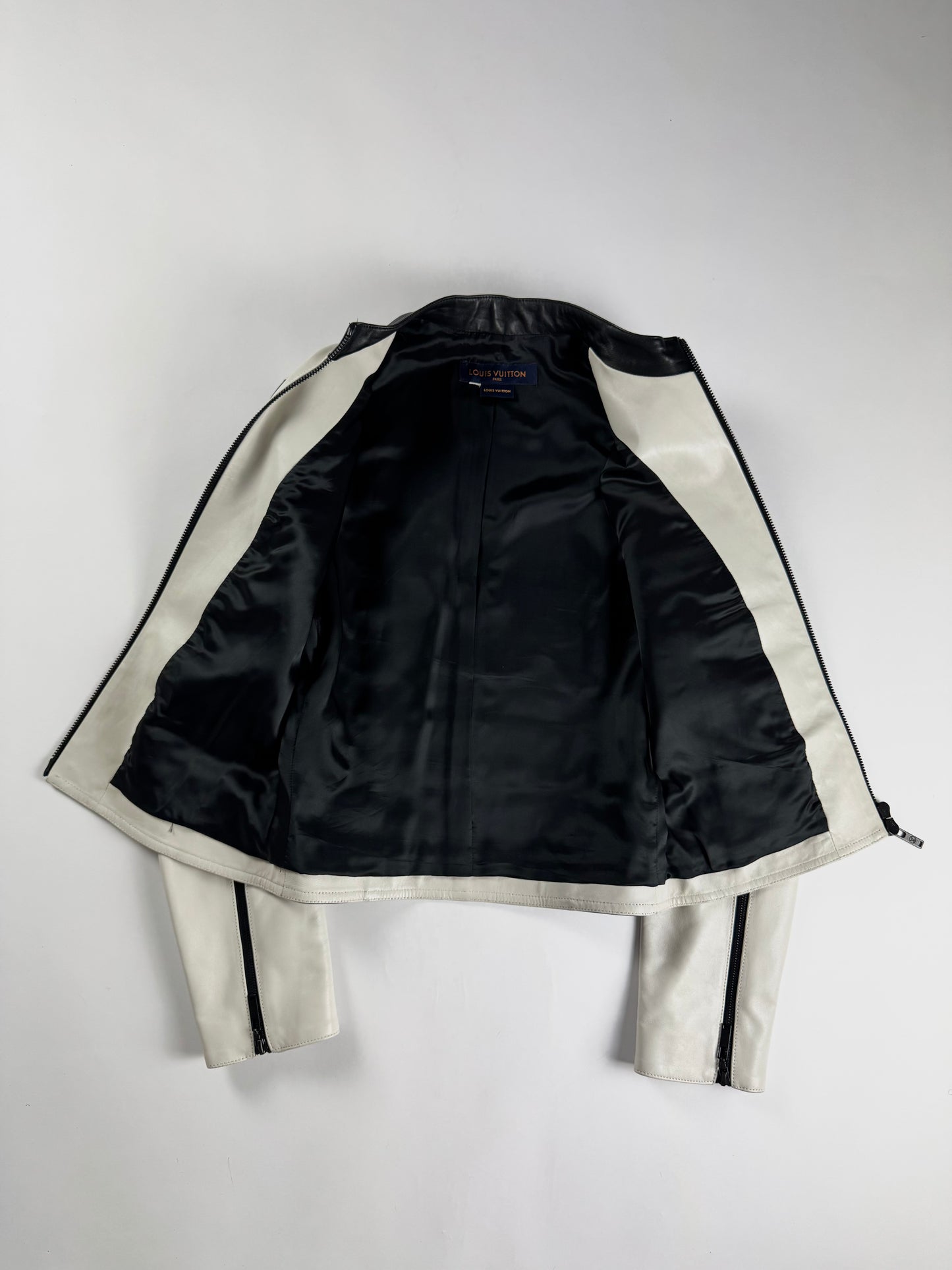 Louis Vuitton Sample White Leather Black Multi Patch Logo Badge Racer Jacket FW 2017 - S
