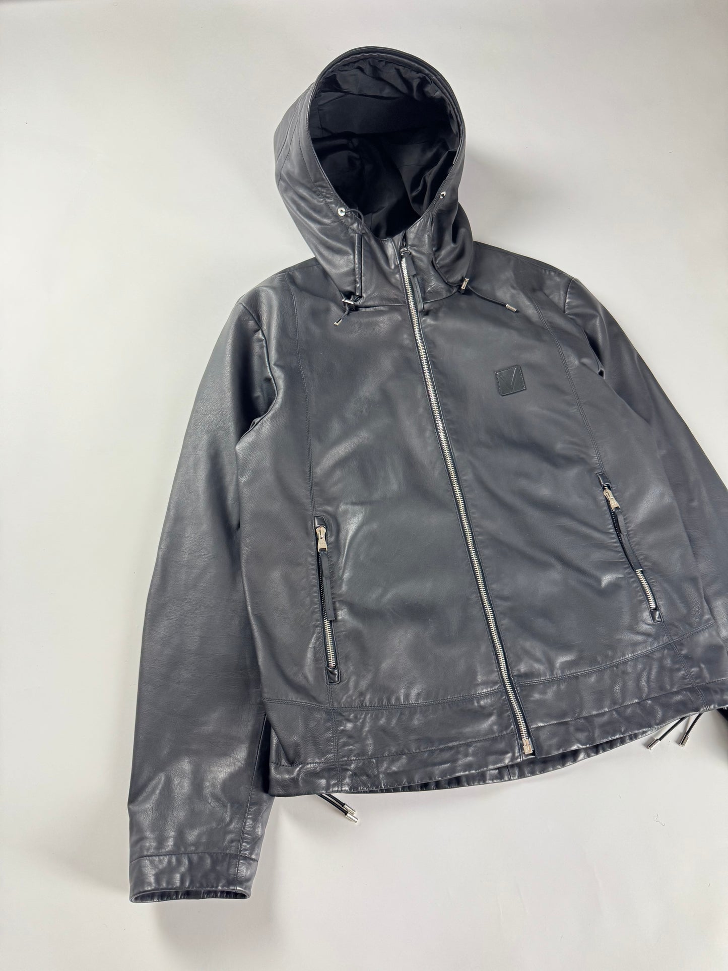 Louis Vuitton V Logo Patch Leather Drawstring Hood Jacket SS 2015 - M