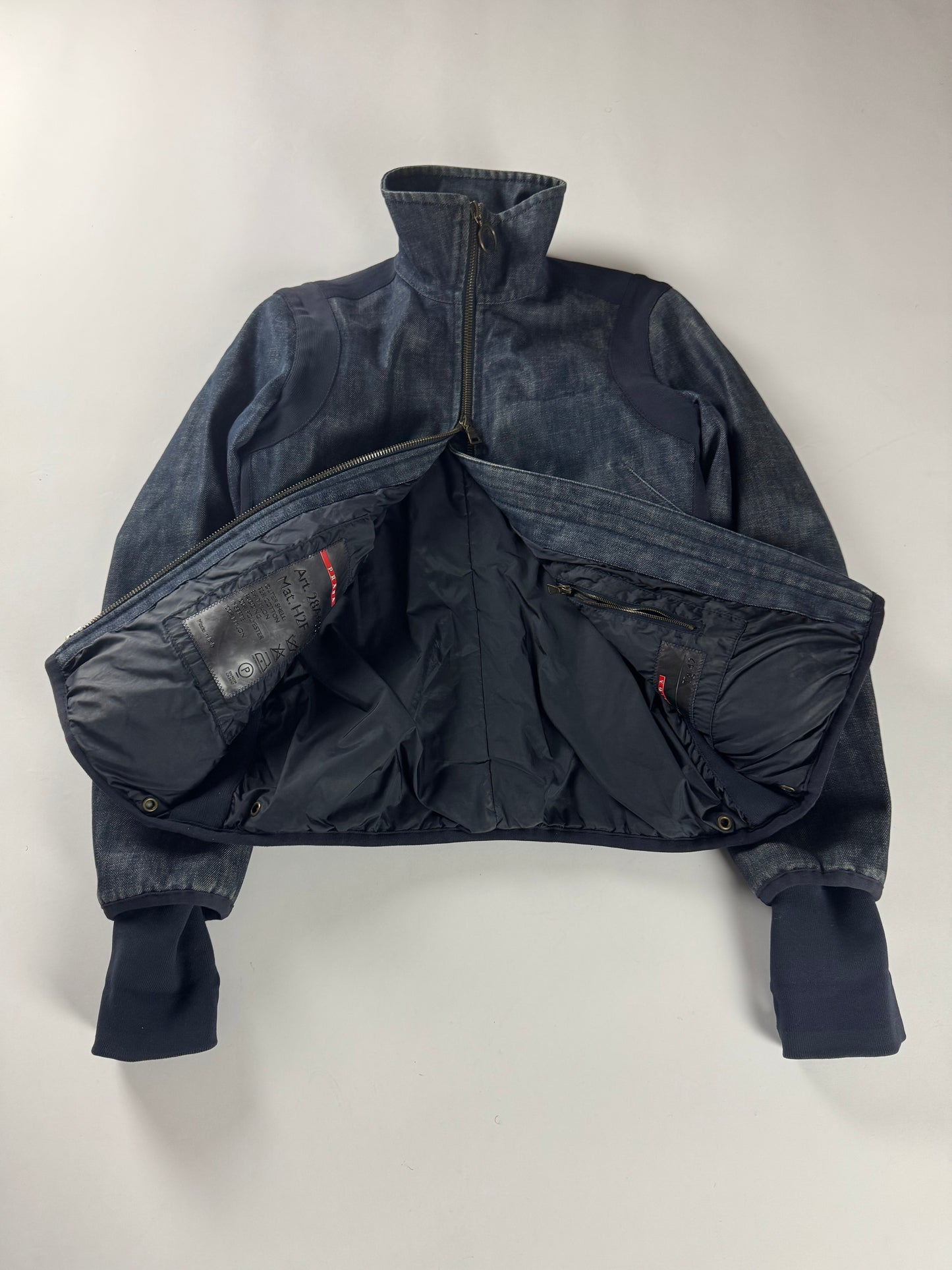 Prada Funnel Collar Denim Cuffed Moto Jacket 2000s - S