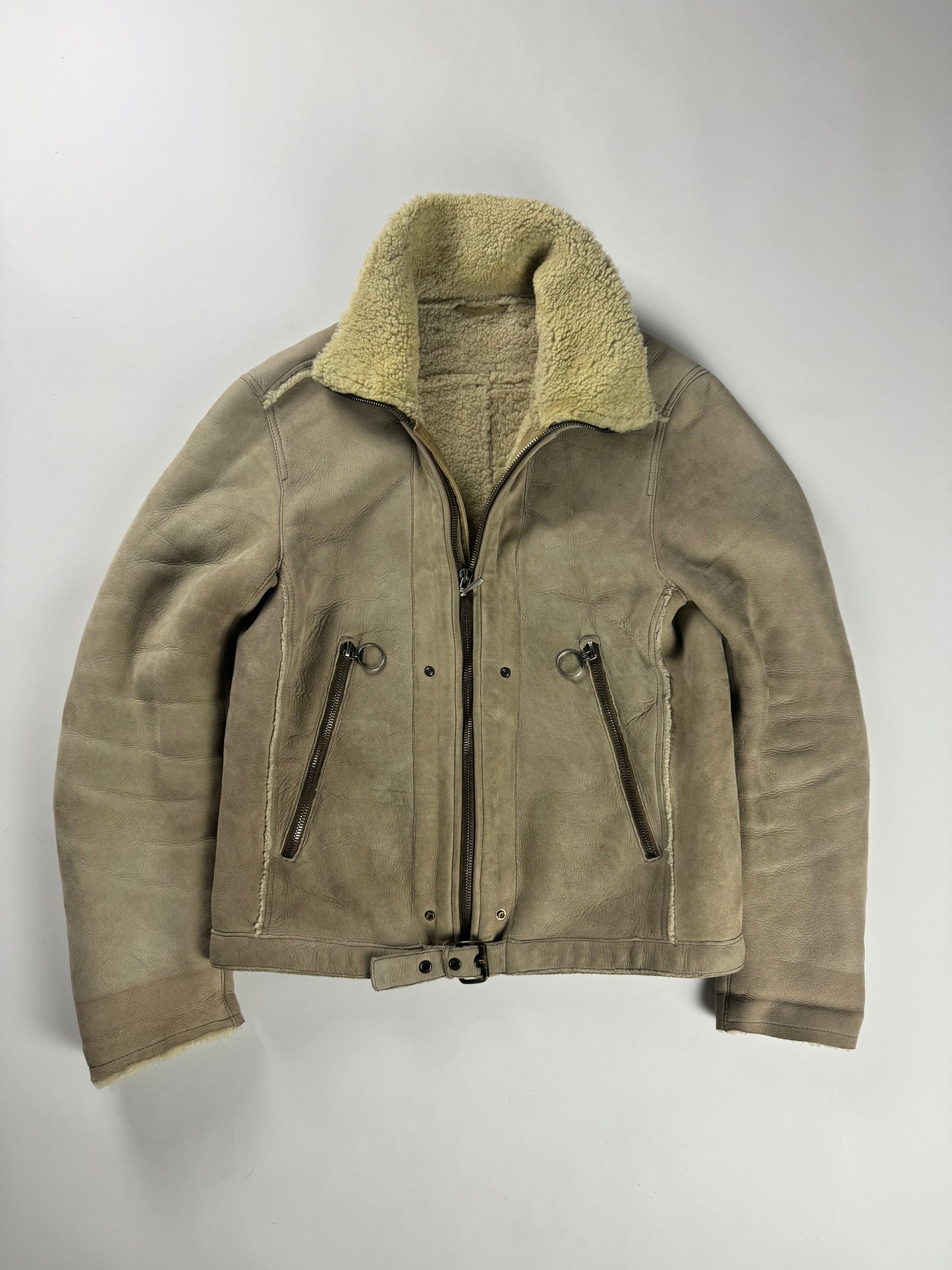 Prada Shearling Fur Lined Belted Aviator Jacket 2000s - L