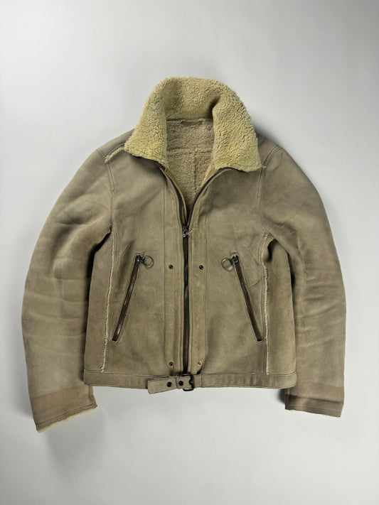 Prada Shearling Fur Lined Belted Aviator Jacket 2000s - L