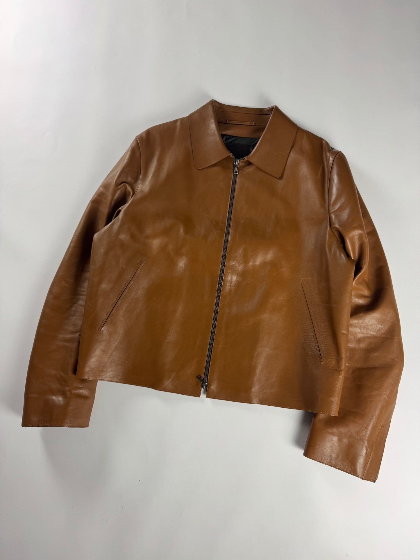 Prada Cognac Premium Leather Double Zipper Padded Layer Minimalist Jacket FW 2000 - L