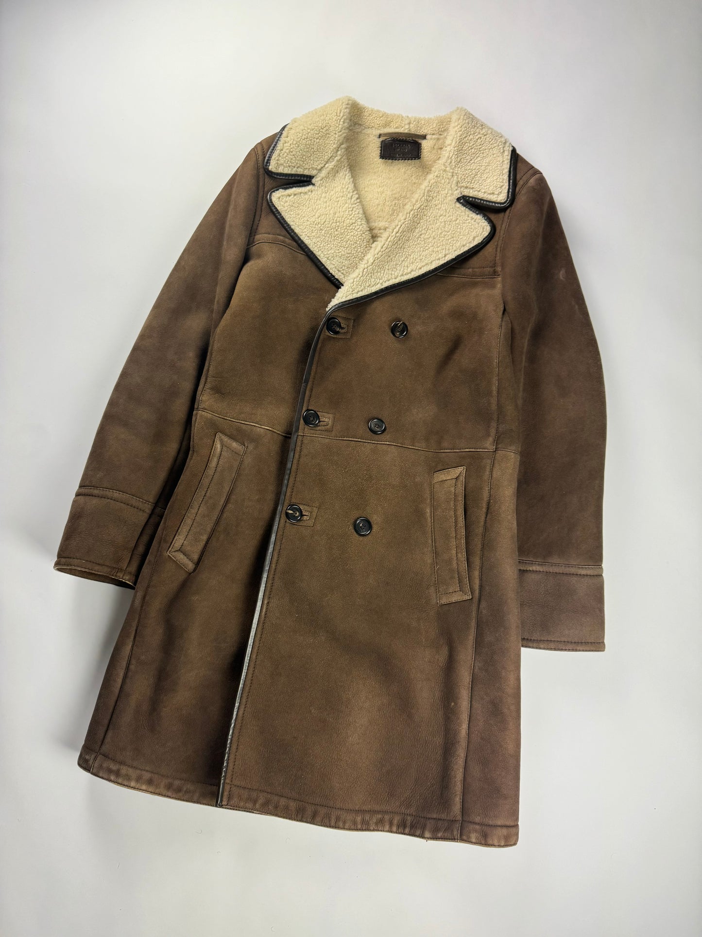 Prada Premium Leather Double Breasted Shearling Coat FW 2005 - M