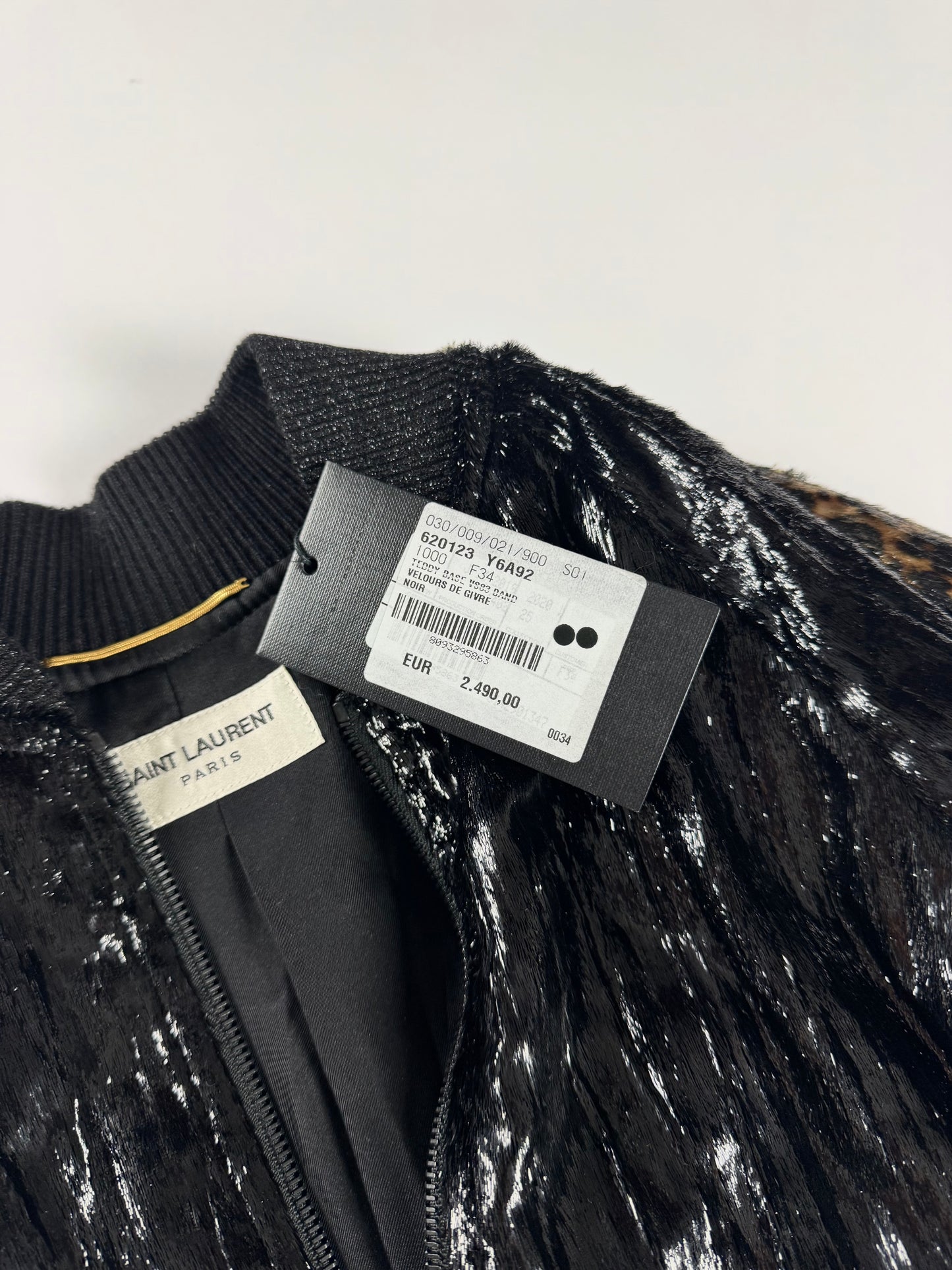 Saint Laurent Velours De Givre Leopard Sleeve Bright Teddy Bomber Jacket FW 2019 - XS