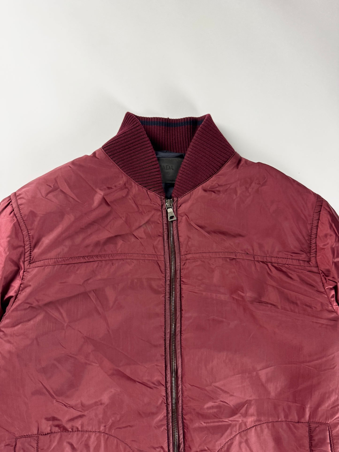 Prada Burgundy Nylon Striped Knit Cuffs Zip Front Bomber Jacket 2010s - M