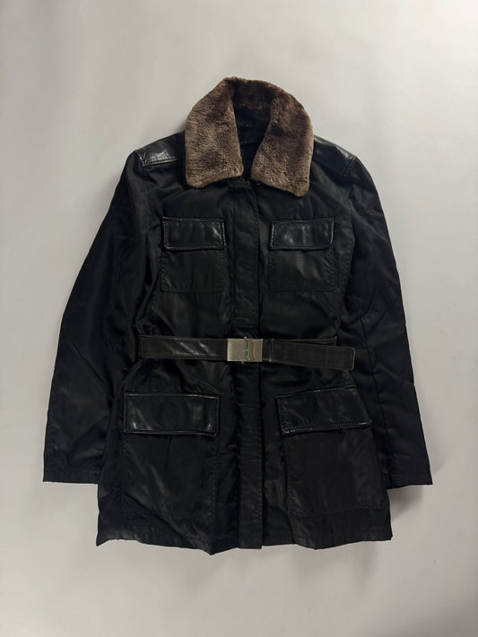 Prada Multi Pockets Fur Collar Belted Leather Details Officer Jacket FW 1994 - M