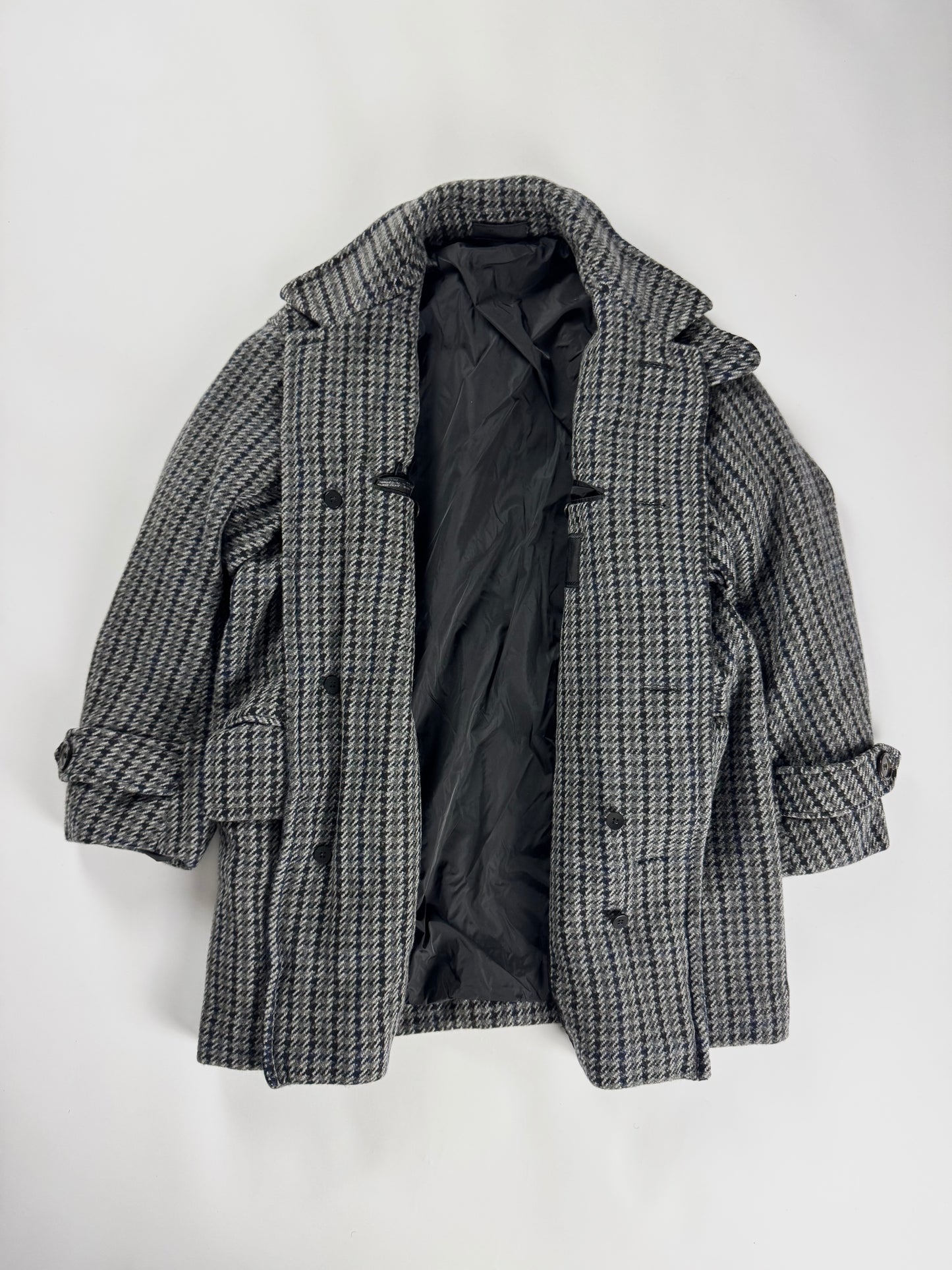 Prada Grey Houndstooth Patch Pockets Wool Oversized Coat FW 2003 - L