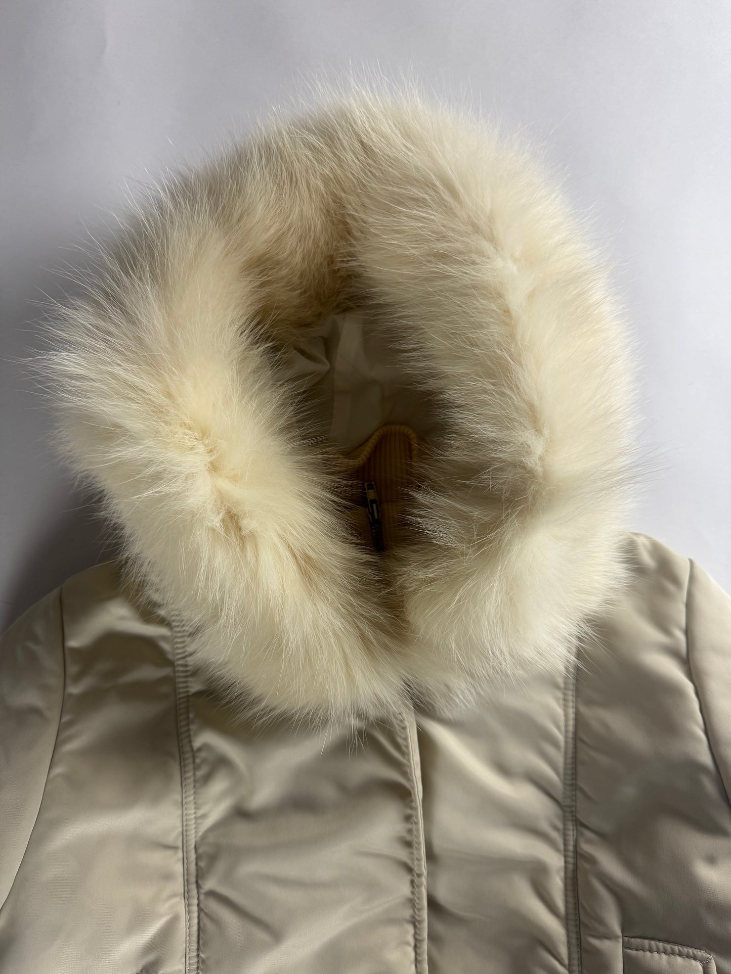 Miu Miu Cropped Cream Fur Hood Puffer Jacket 2000s - S