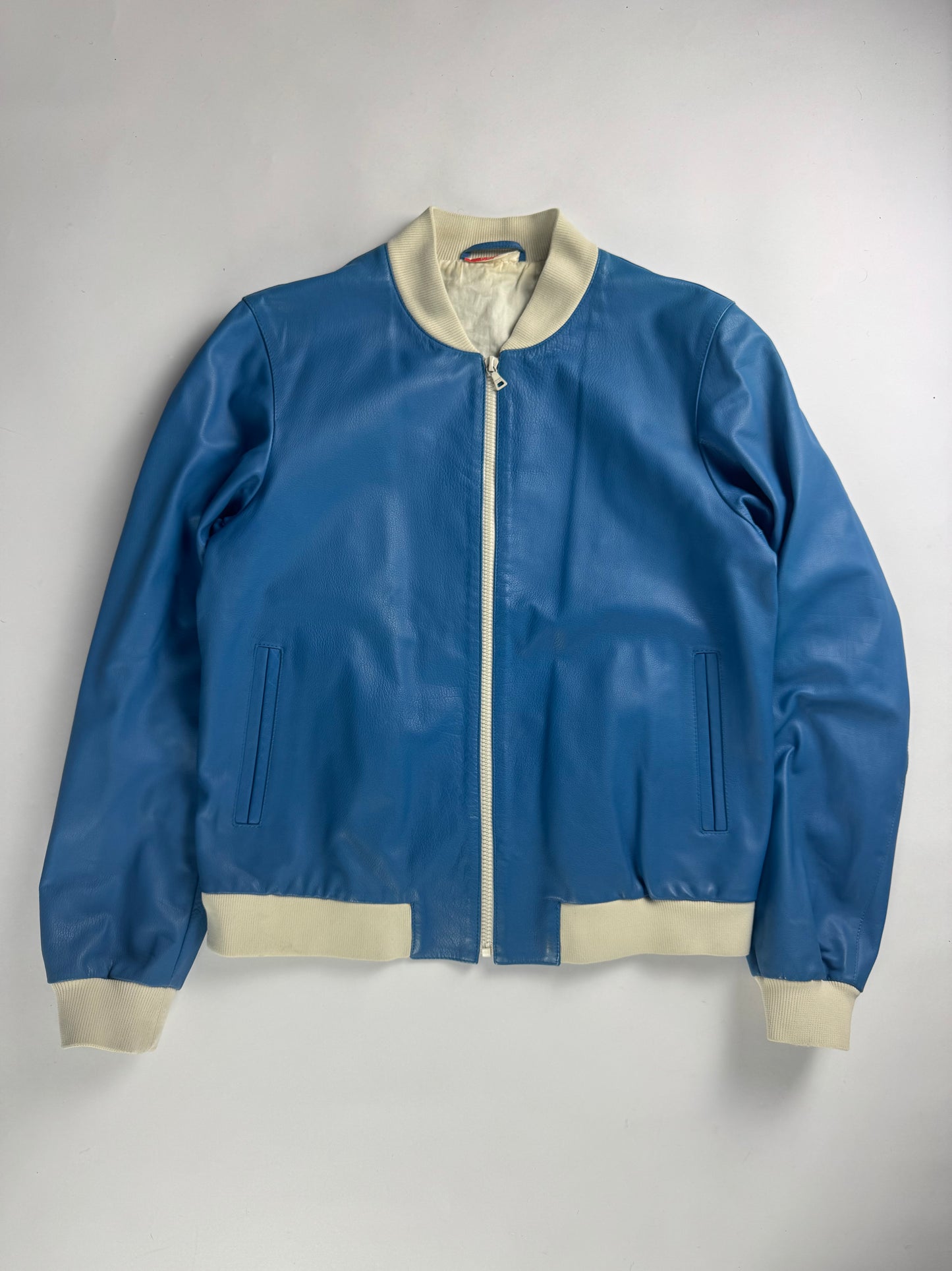 Prada Electric Blue Leather Varsity Bomber Jacket Challenge 2003 - M
