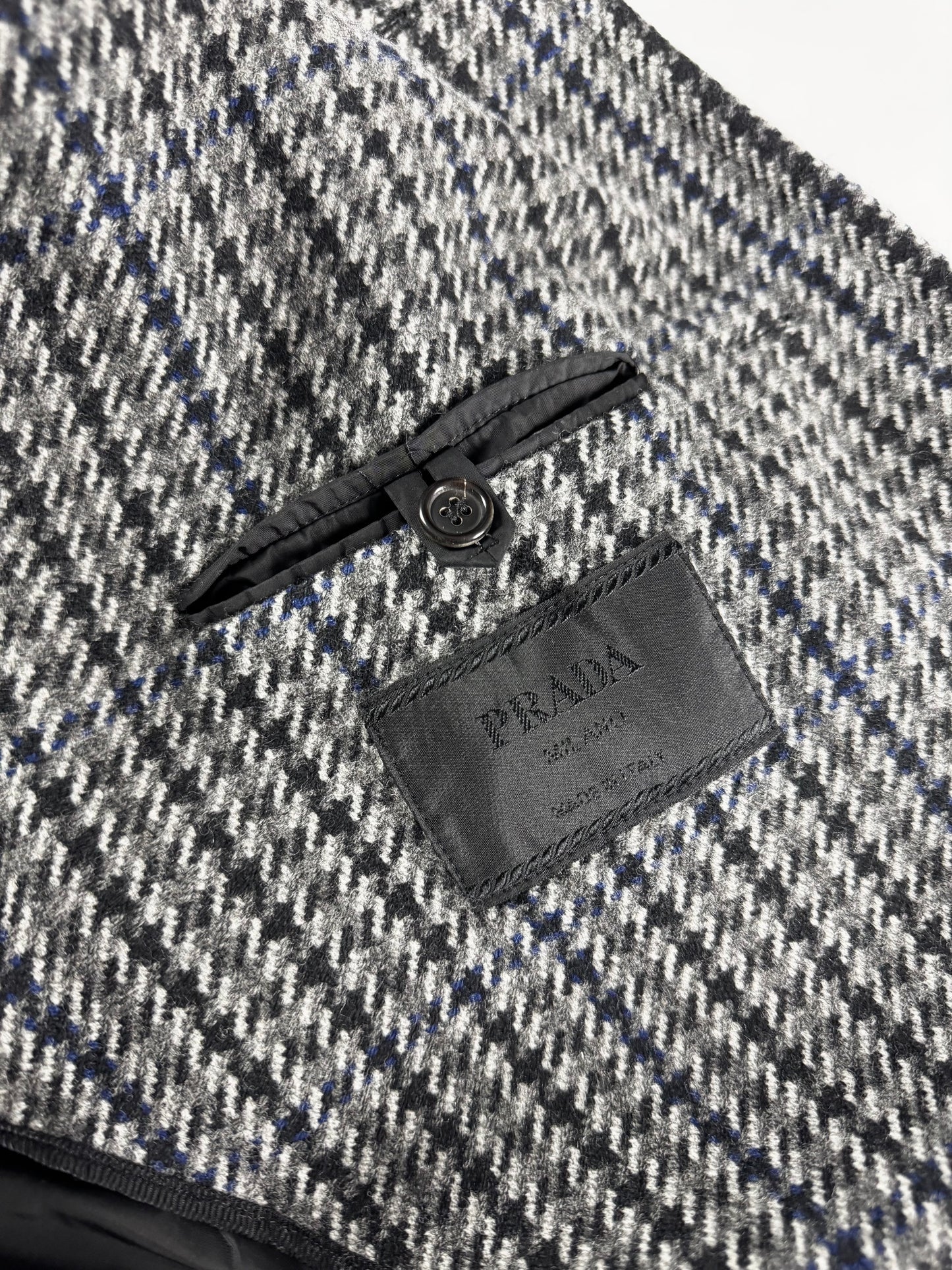 Prada Grey Houndstooth Patch Pockets Wool Oversized Coat FW 2003 - L