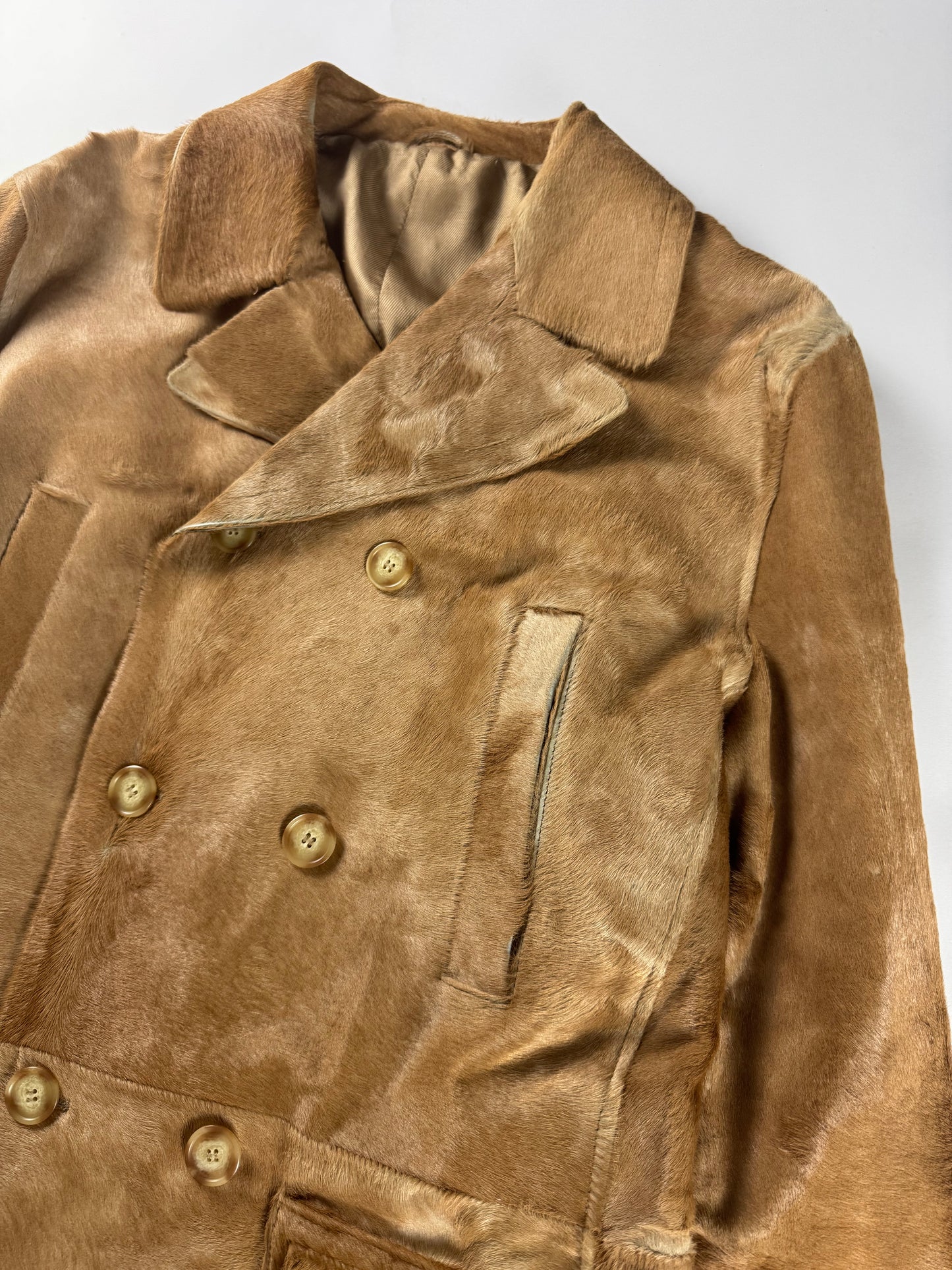 Prada Camel Tawny Double Breasted Pony Hair Leather Coat FW 1996 - M