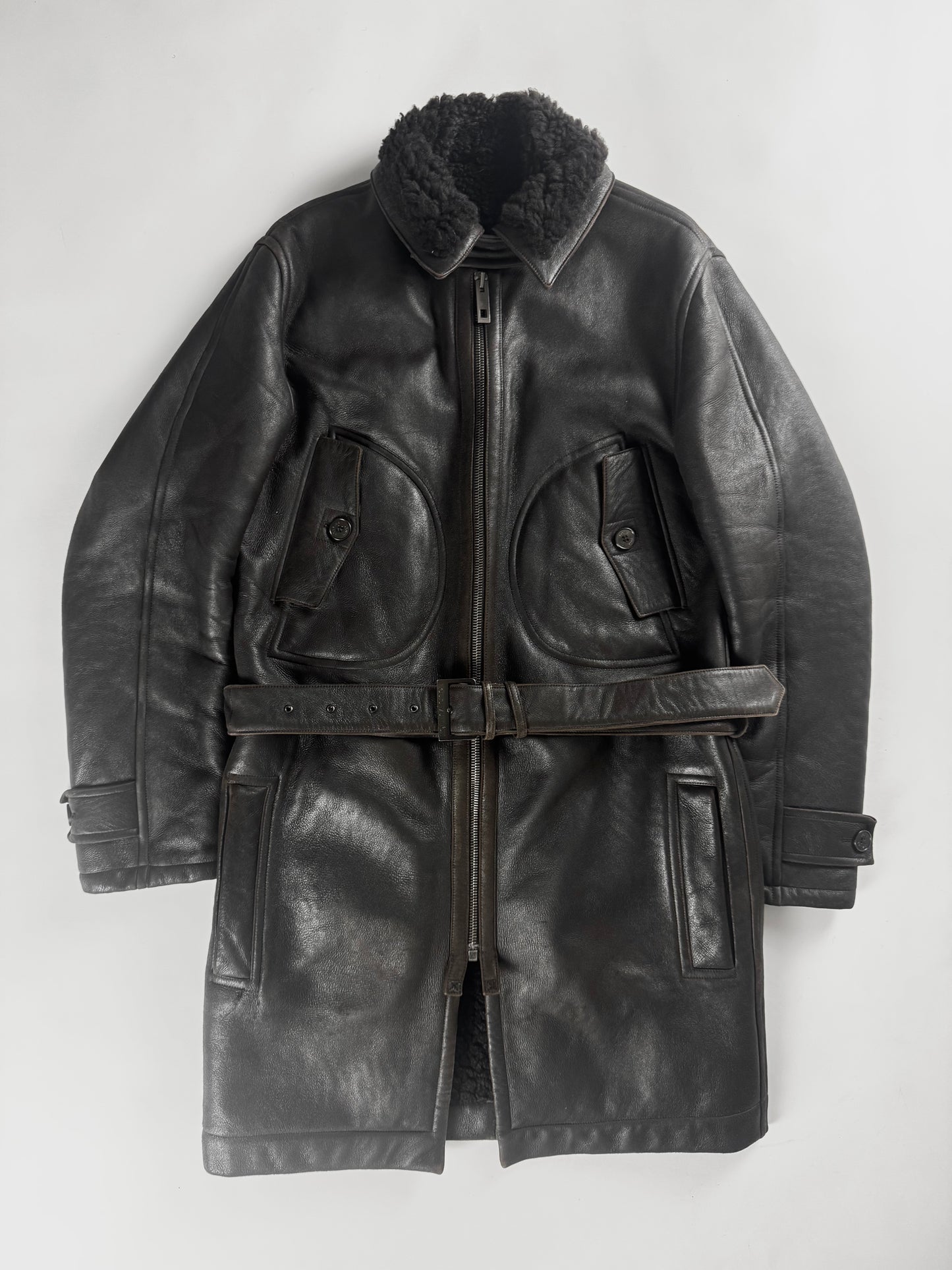Louis Vuitton Dark Brown Fur Lining Heavy Sheepskin Leather Belted Coat 2000s - M