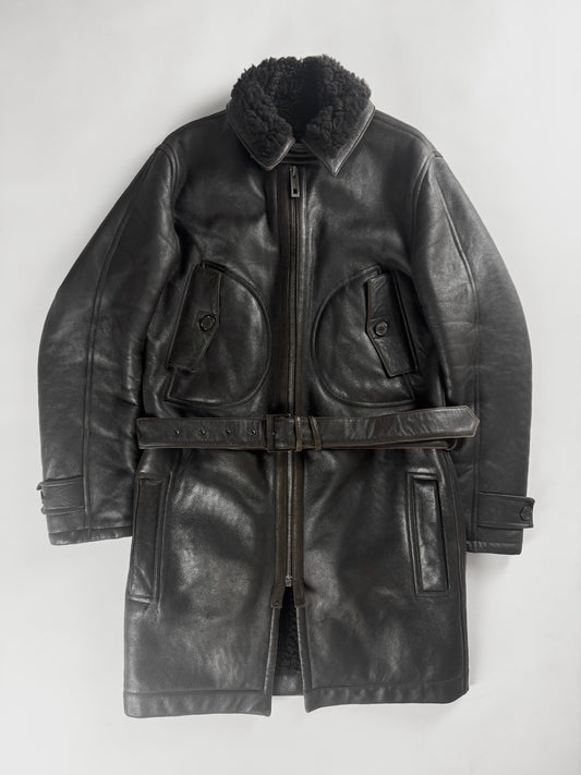 Louis Vuitton Dark Brown Fur Lining Heavy Sheepskin Leather Belted Coat 2000s - M