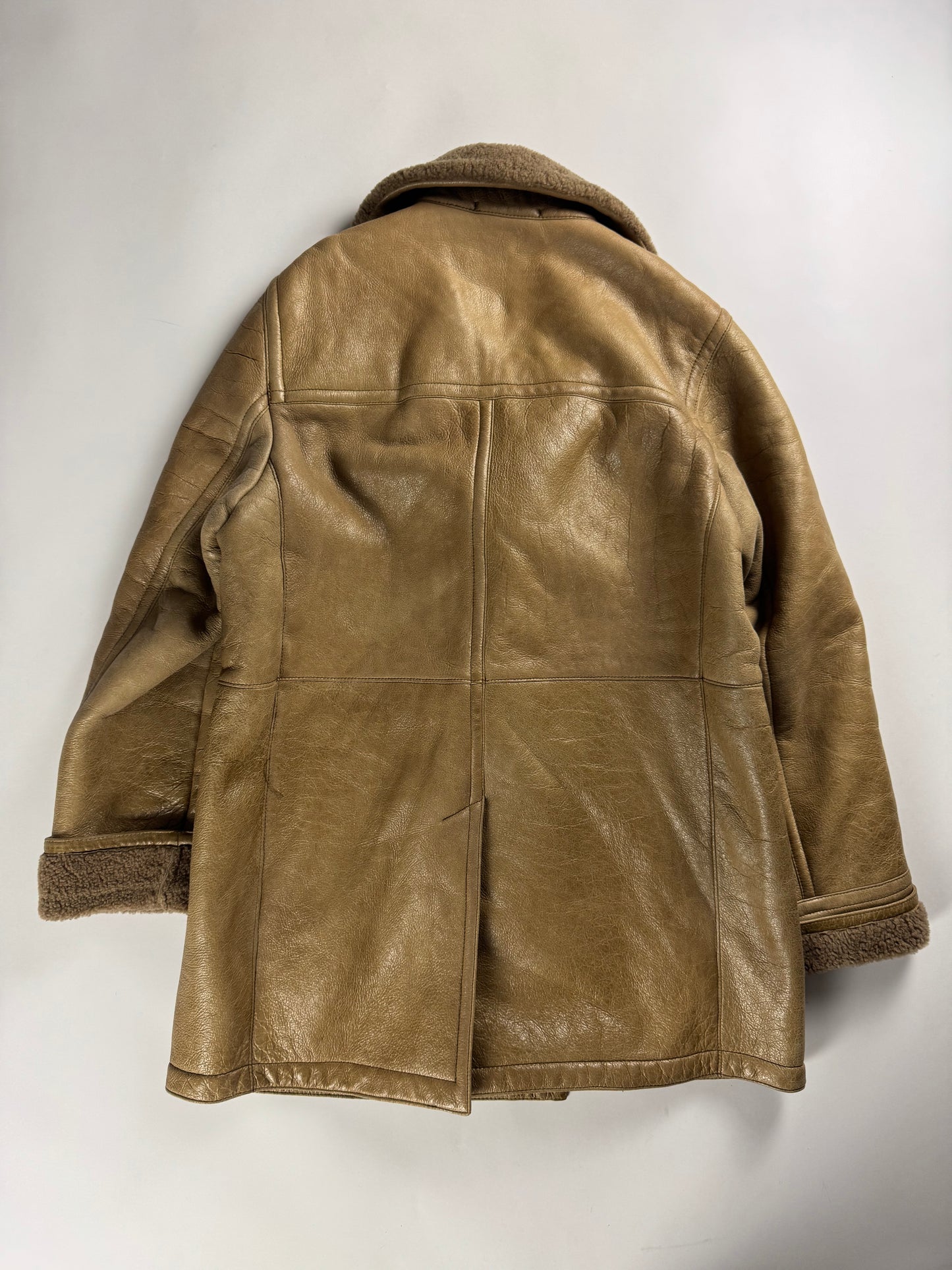 Prada Cream Tan Brown Double Breasted Shearling Leather Coat FW 2006 - L