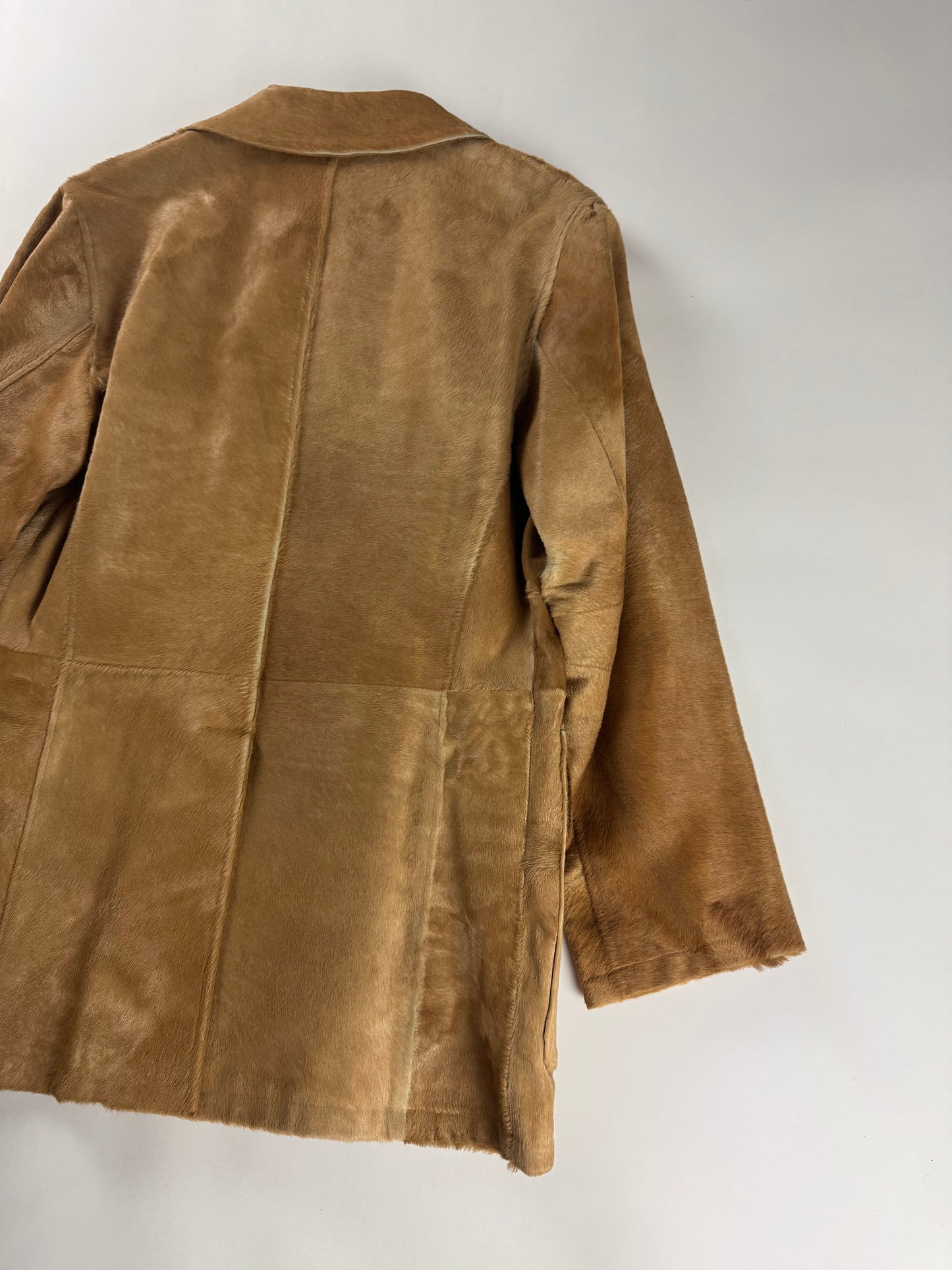 Prada Camel Tawny Double Breasted Pony Hair Leather Coat FW 1996 - M