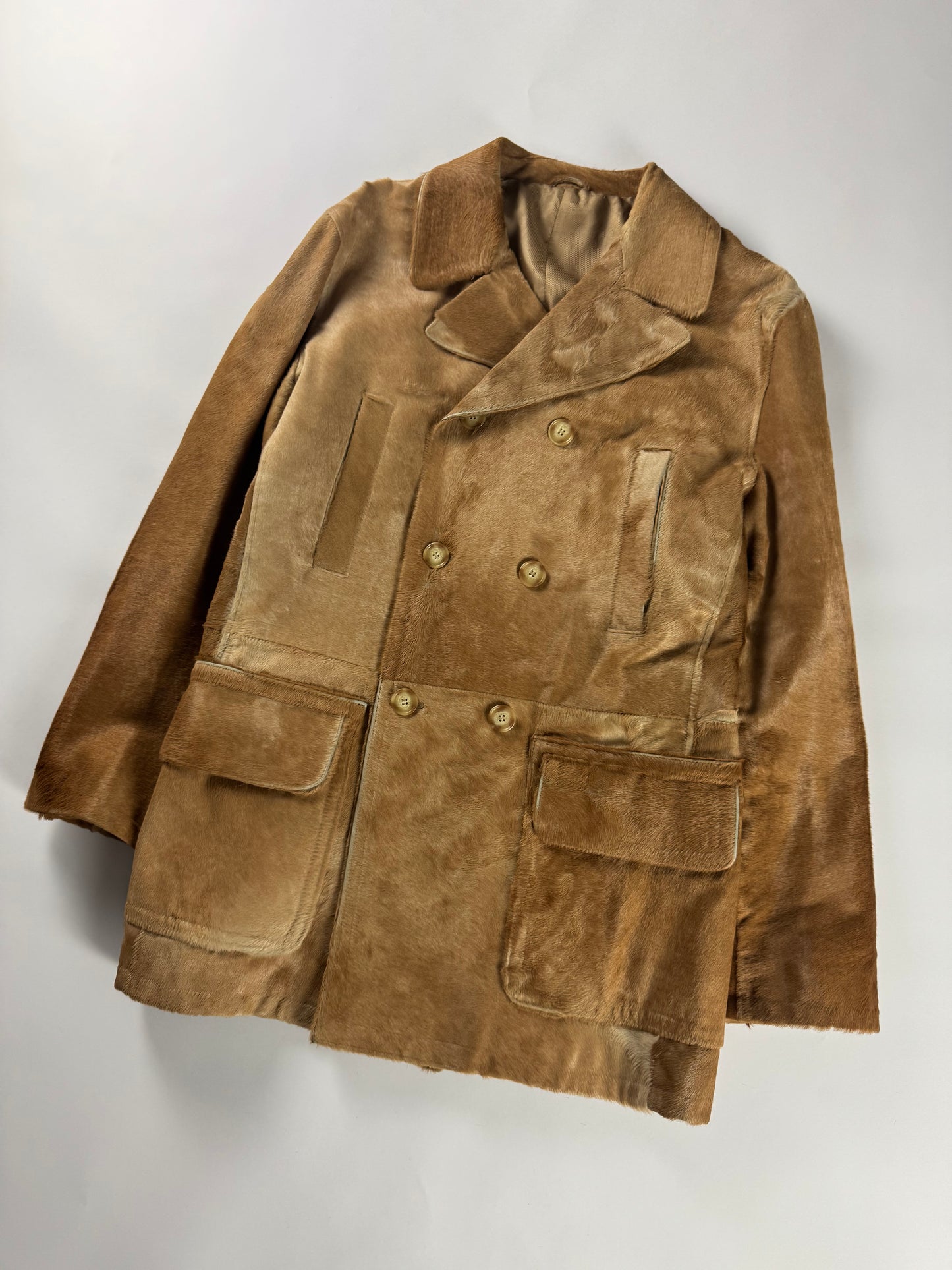 Prada Camel Tawny Double Breasted Pony Hair Leather Coat FW 1996 - M