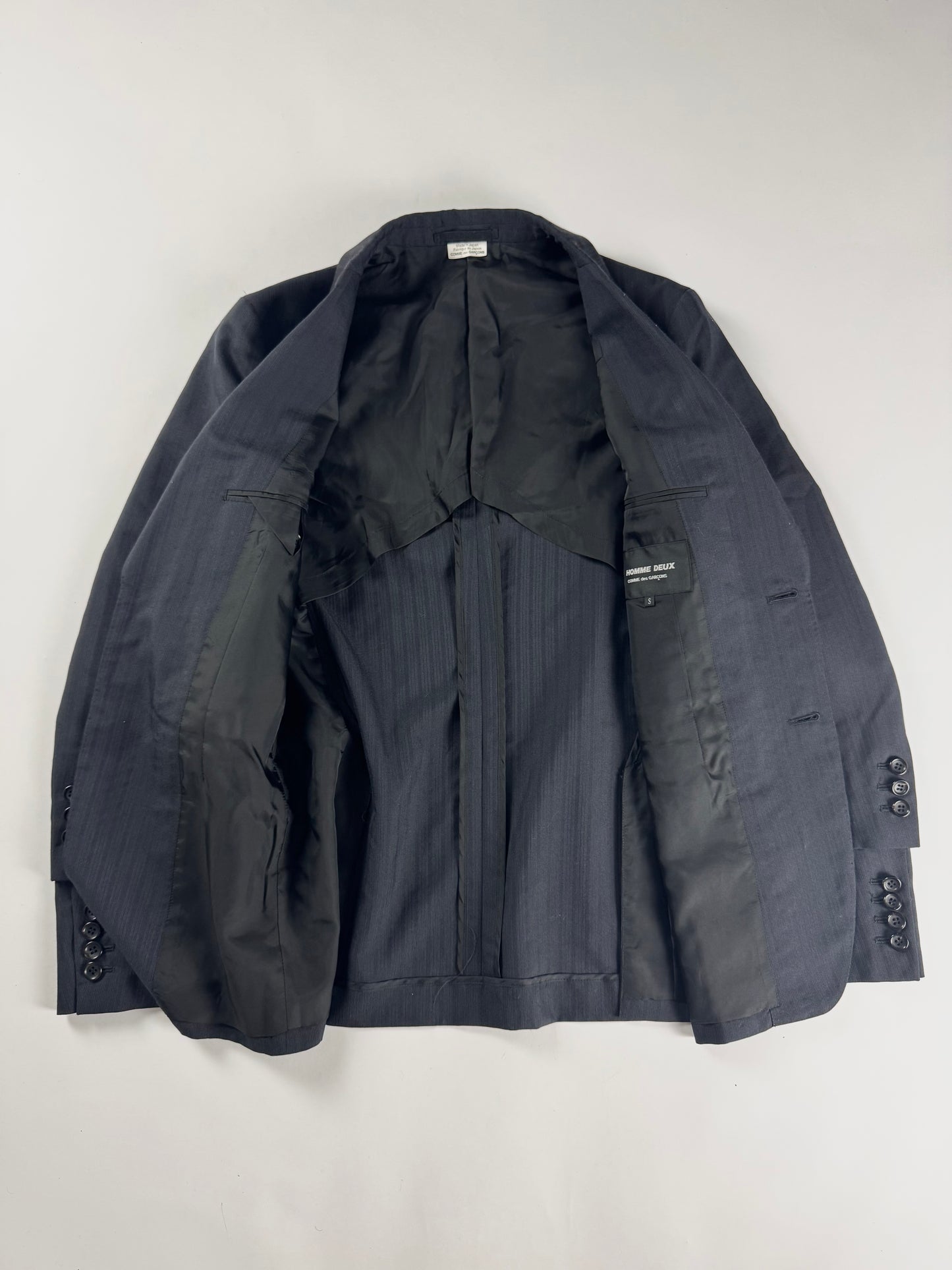 Comme des Garçons Homme Plus Dark Grey Pinstripe Peak Lapel Extended Double Button Cuff Wool Blazer Jacket FW 2019 - S