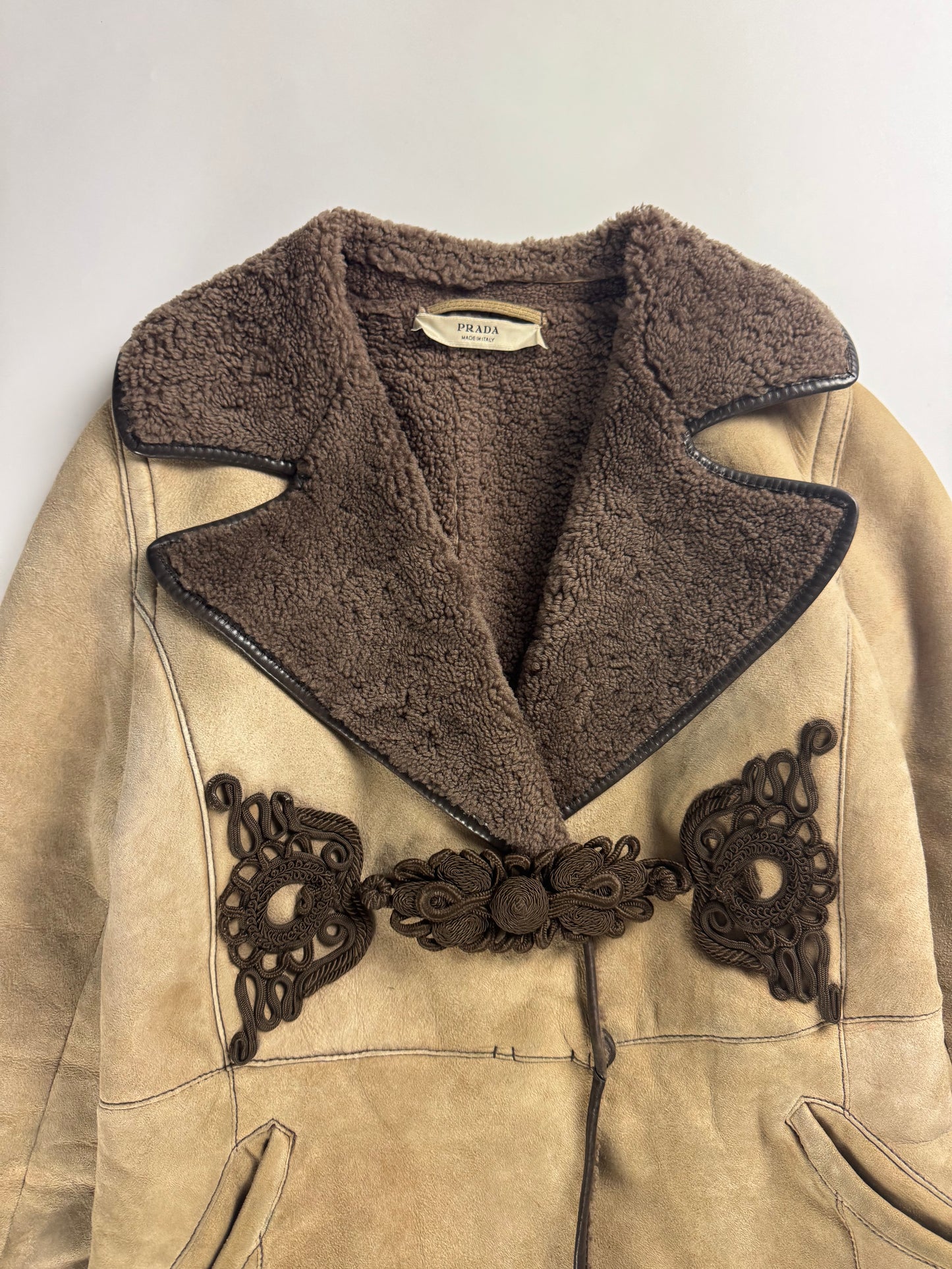 Prada Shearling Embroidered Frog Closure Sheepskin Collar Coat FW 2005 - S