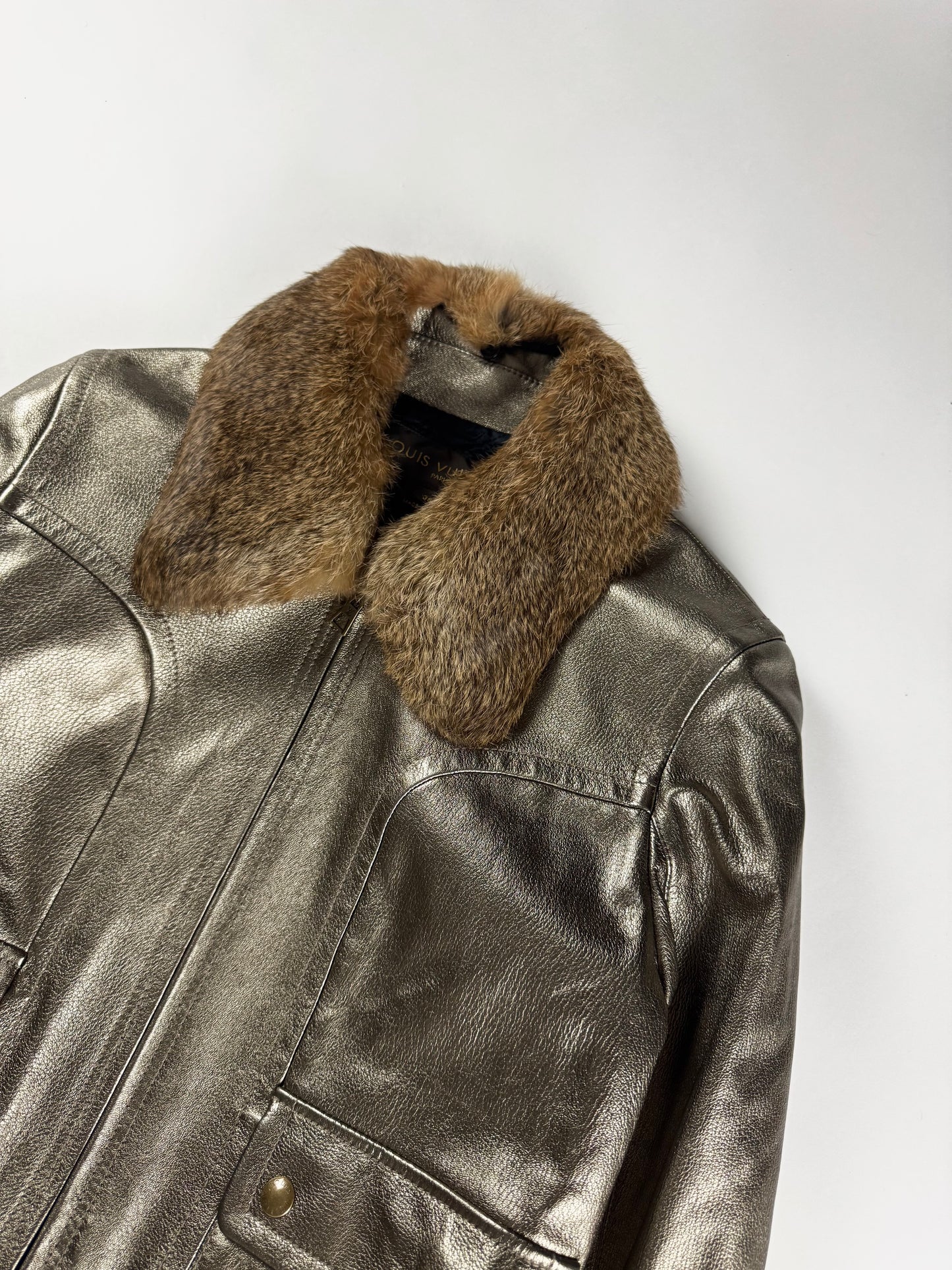 Louis Vuitton Metallic Bronze Leather Fur Collar Gold Hardware Ribbed Trim Bomber Jacket FW 2008 - S