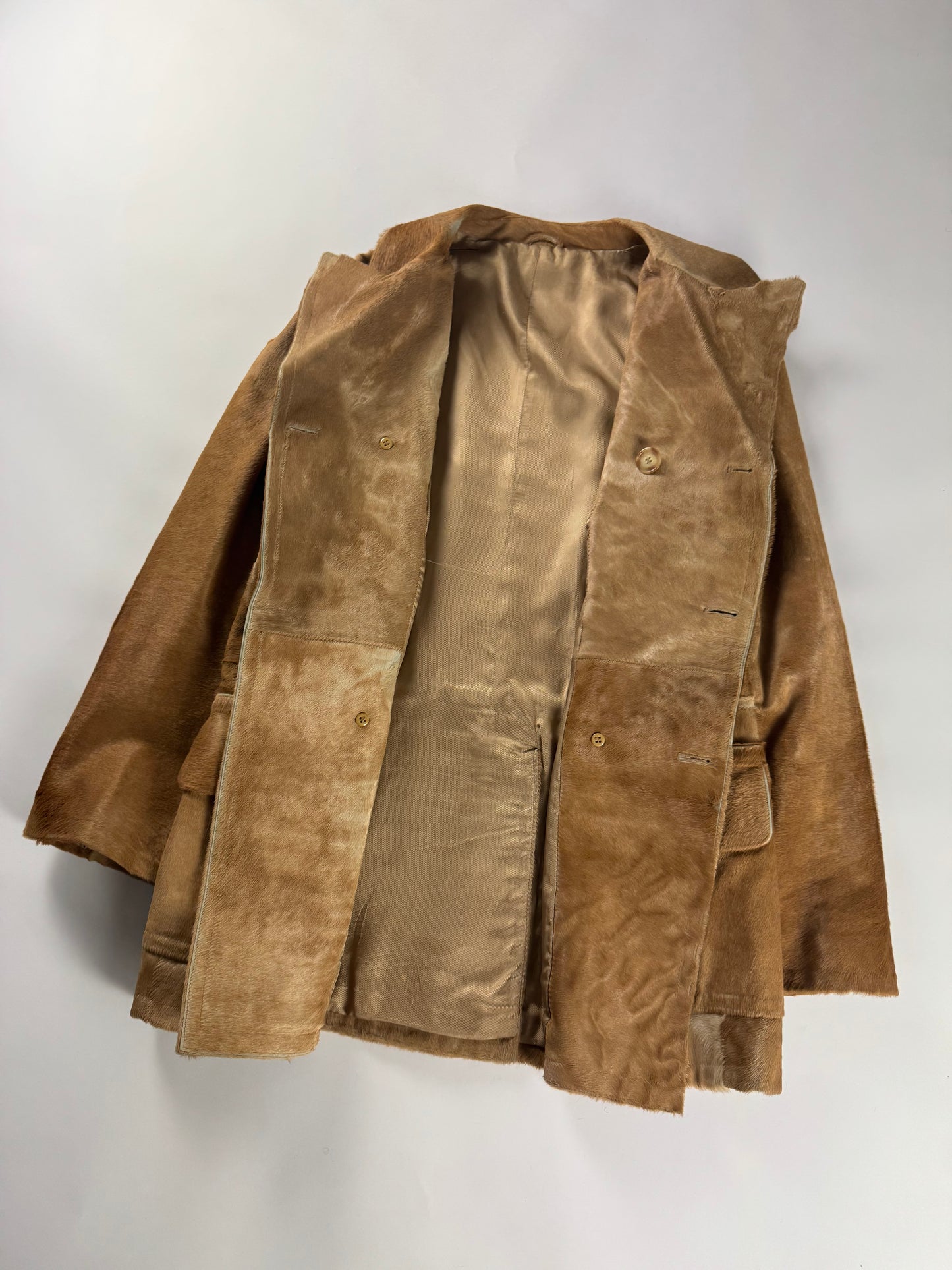 Prada Camel Tawny Double Breasted Pony Hair Leather Coat FW 1996 - M