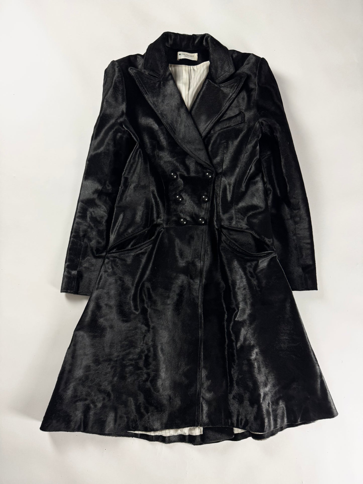 Givenchy Black Ponyhair Calf Hair Double Breasted Flared Midi Coat 2010s - S